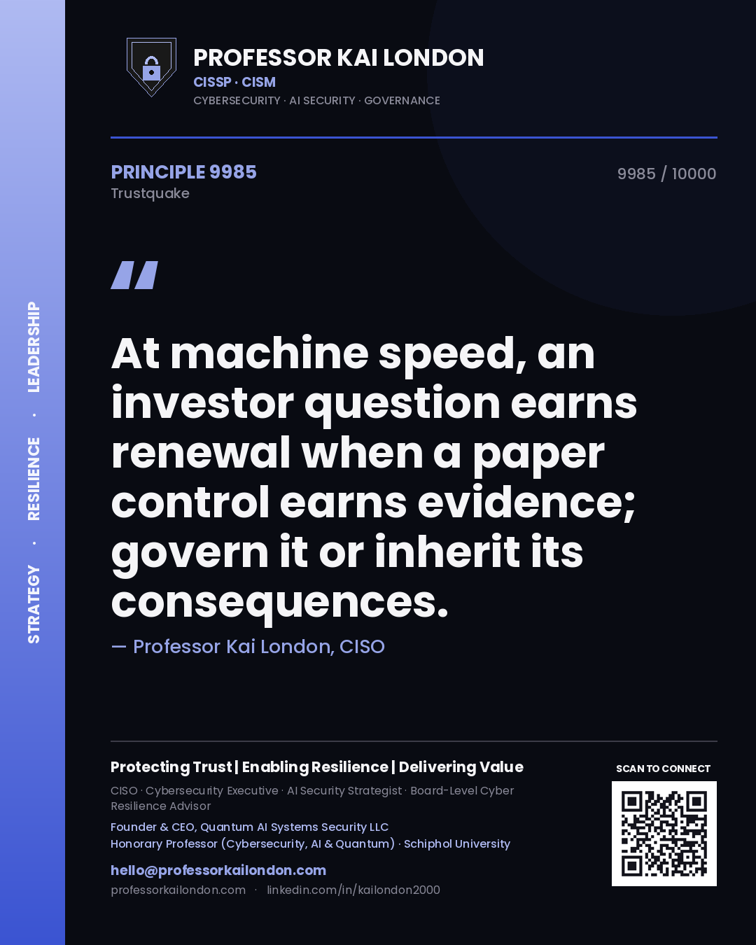 Professor Kai London principle 9985: At machine speed, an investor question earns renewal when a paper control earns evidence; govern it or inherit its consequences.