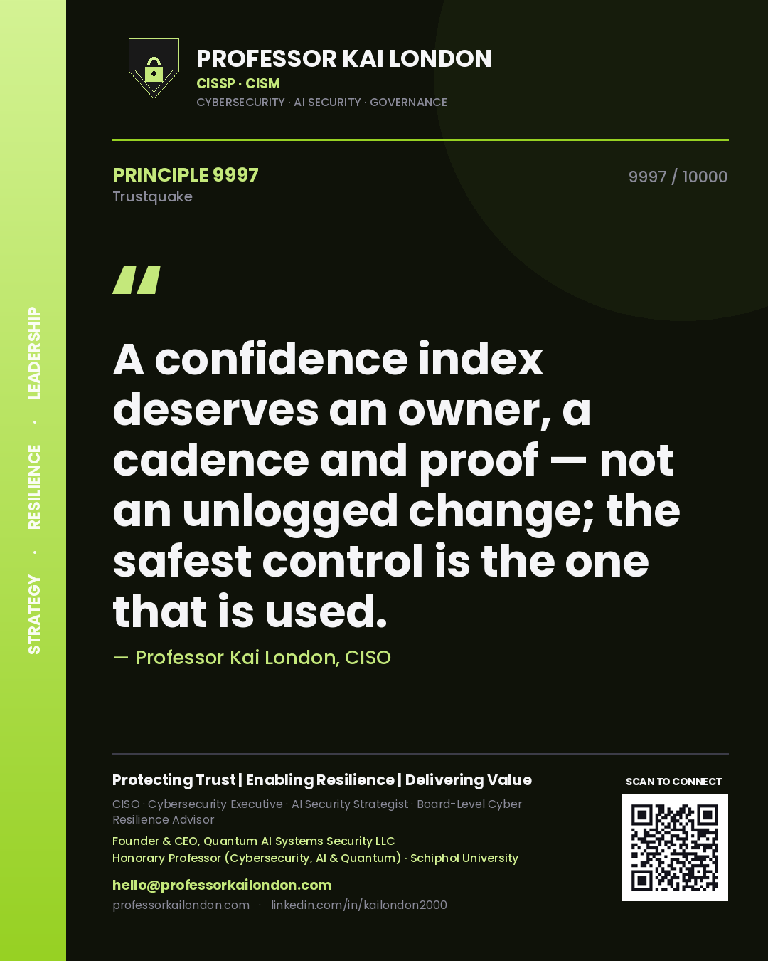 Professor Kai London principle 9997: A confidence index deserves an owner, a cadence and proof — not an unlogged change; the safest control is the one that is used.