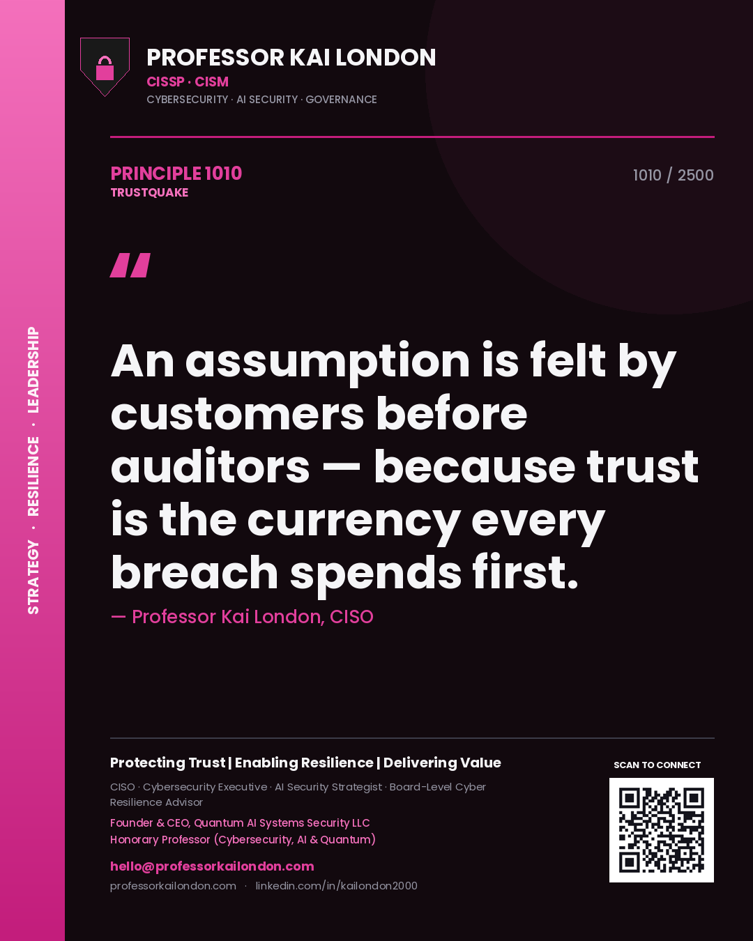Quote card by Professor Kai London reading 'An assumption is felt by customers before auditors — because trust is the currency every breach spends first.'. From the book Trustquake.