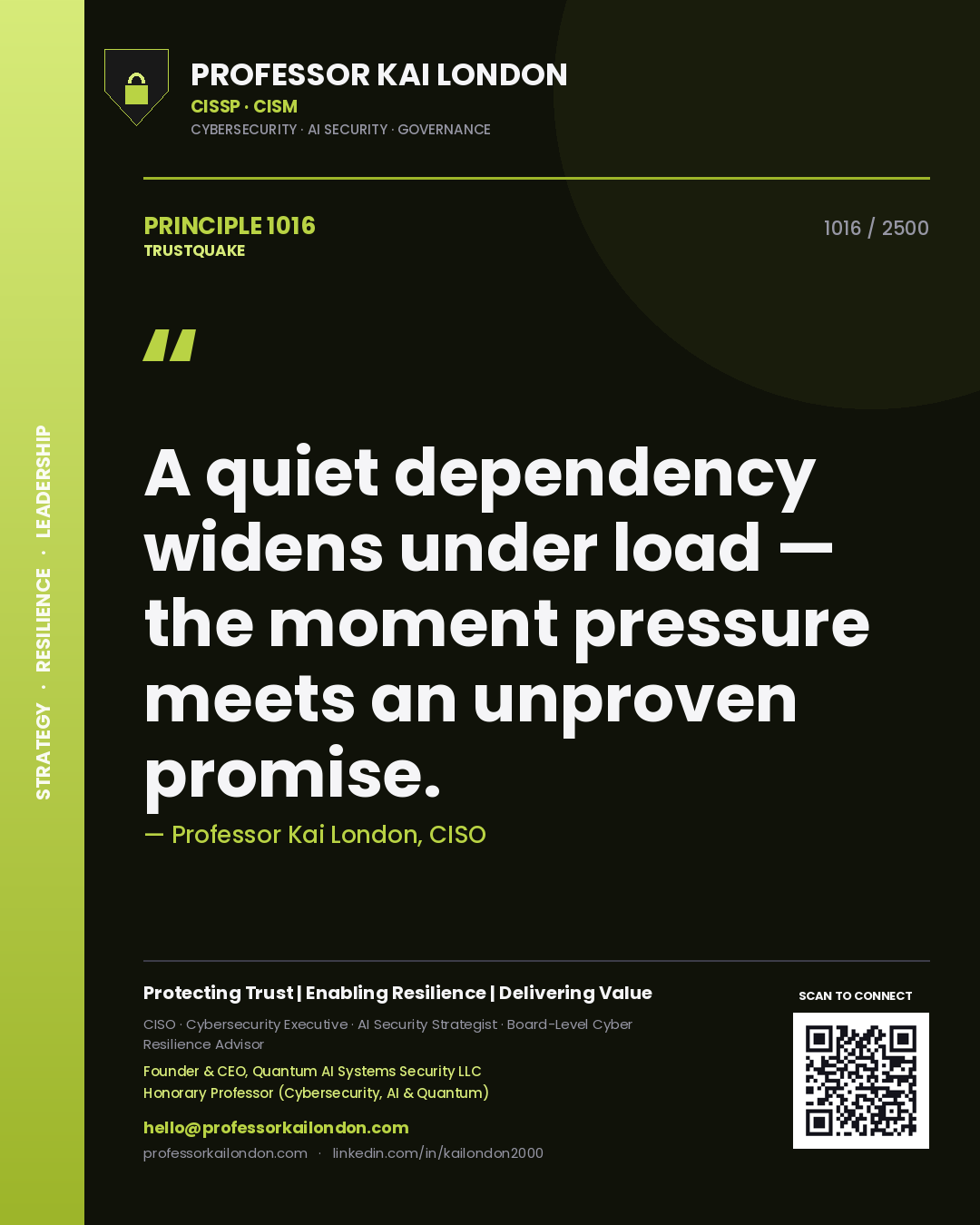 Professor Kai London principle 1016: A quiet dependency widens under load — the moment pressure meets an unproven promise.