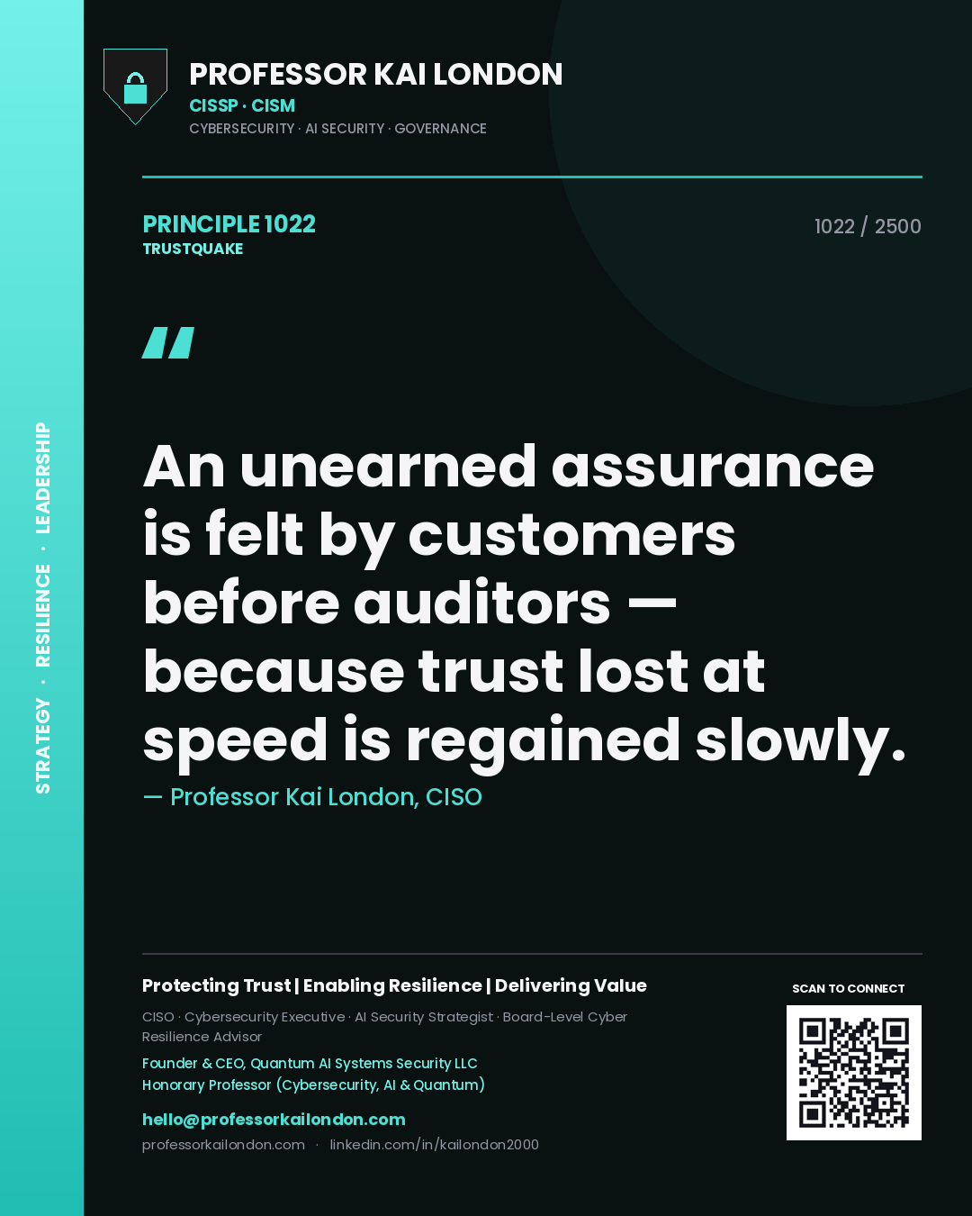 Quote card by Professor Kai London reading 'An unearned assurance is felt by customers before auditors — because trust lost at speed is regained slowly.'. From the book Trustquake.
