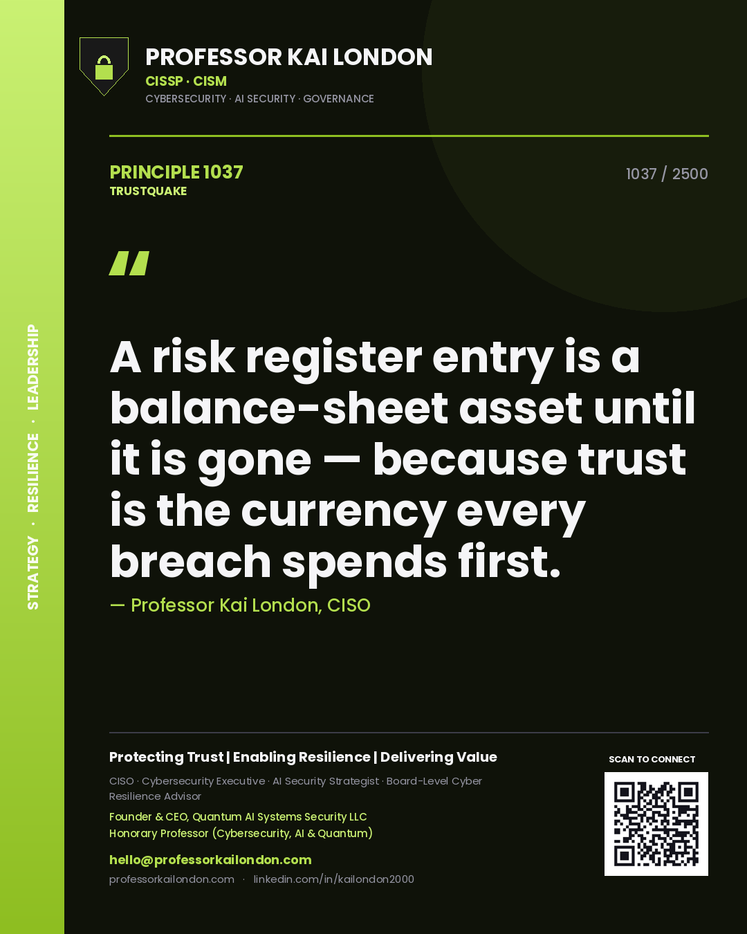 Quote card by Professor Kai London reading 'A risk register entry is a balance-sheet asset until it is gone — because trust is the currency every breach spends first.'. From the book Trustquake.