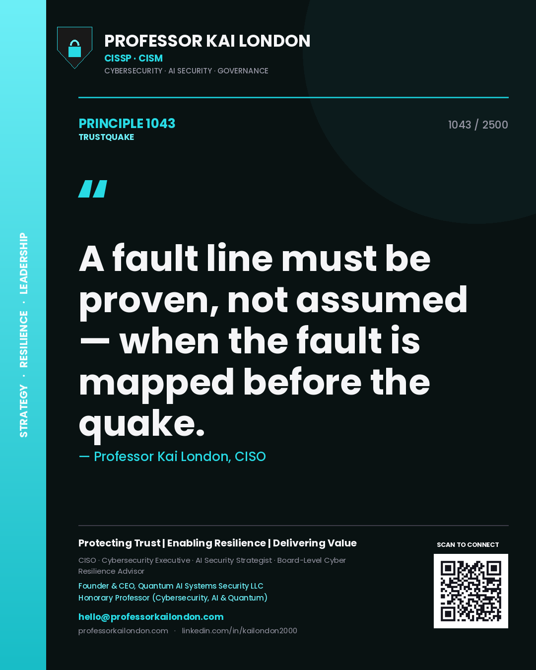 Quote card by Professor Kai London reading 'A fault line must be proven, not assumed — when the fault is mapped before the quake.'. From the book Trustquake.