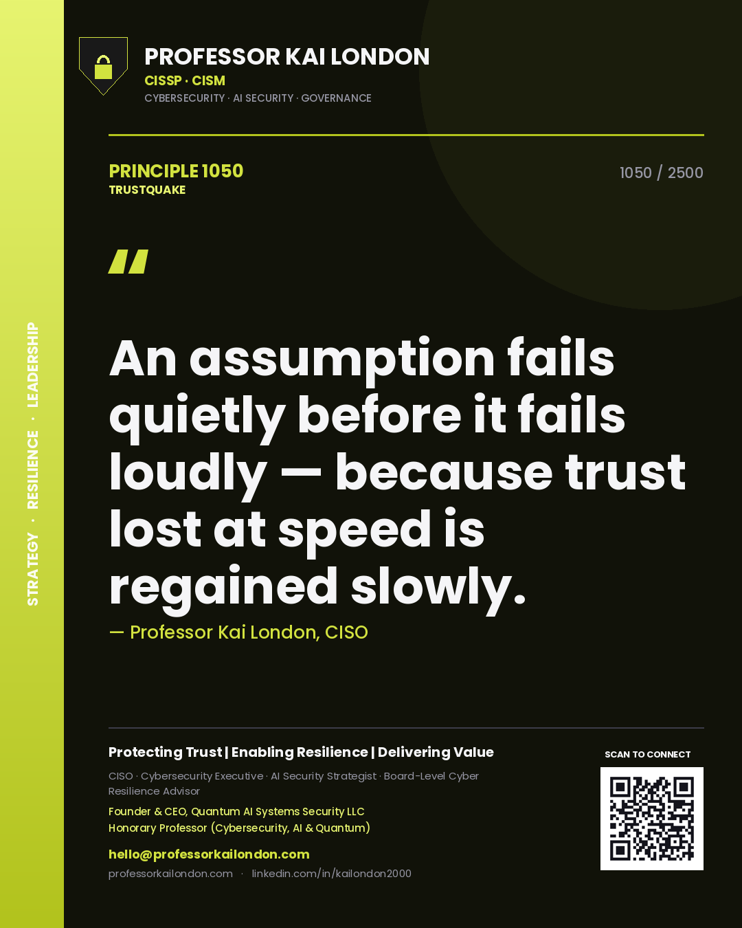 Quote card by Professor Kai London reading 'An assumption fails quietly before it fails loudly — because trust lost at speed is regained slowly.'. From the book Trustquake.