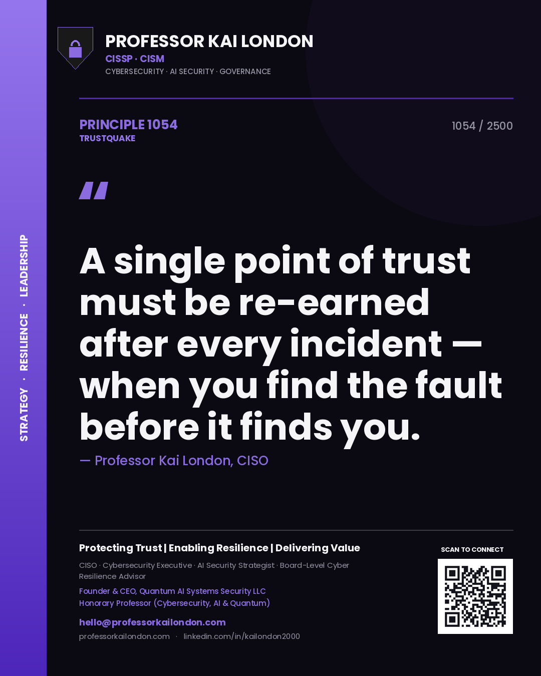 Quote card by Professor Kai London reading 'A single point of trust must be re-earned after every incident — when you find the fault before it finds you.'. From the book Trustquake.