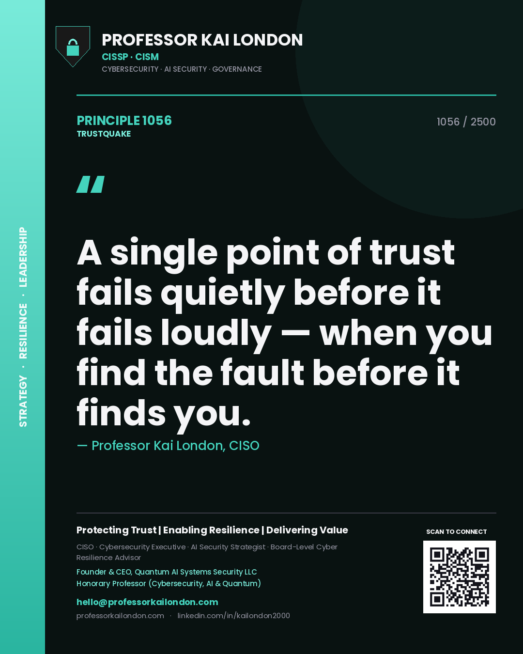 Quote card by Professor Kai London reading 'A single point of trust fails quietly before it fails loudly — when you find the fault before it finds you.'. From the book Trustquake.