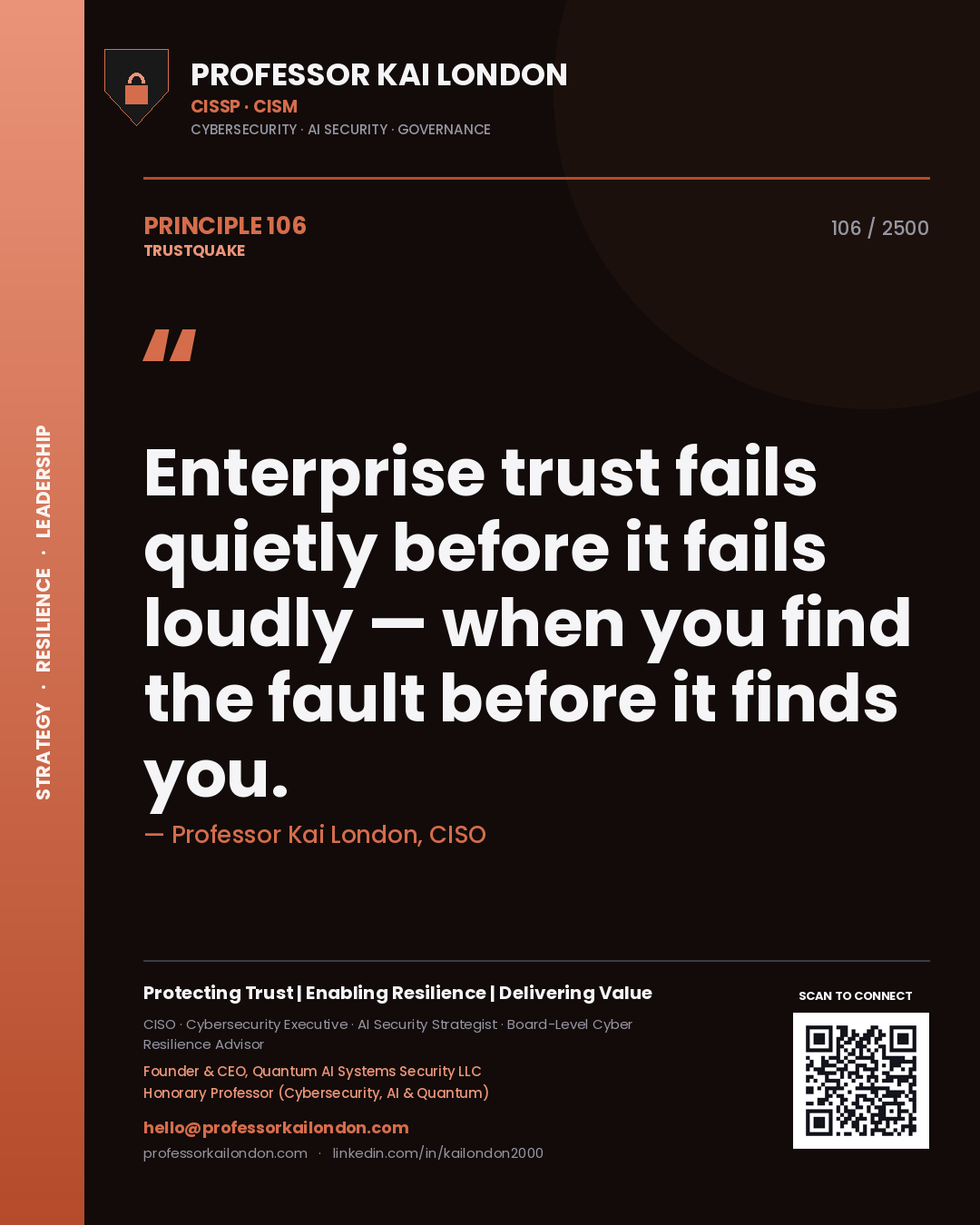 Professor Kai London principle 106: Enterprise trust fails quietly before it fails loudly — when you find the fault before it finds you.