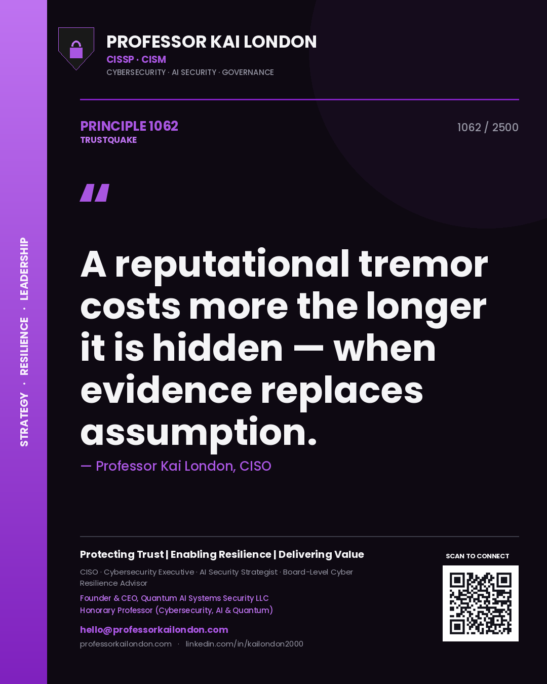 Quote card by Professor Kai London reading 'A reputational tremor costs more the longer it is hidden — when evidence replaces assumption.'. From the book Trustquake.