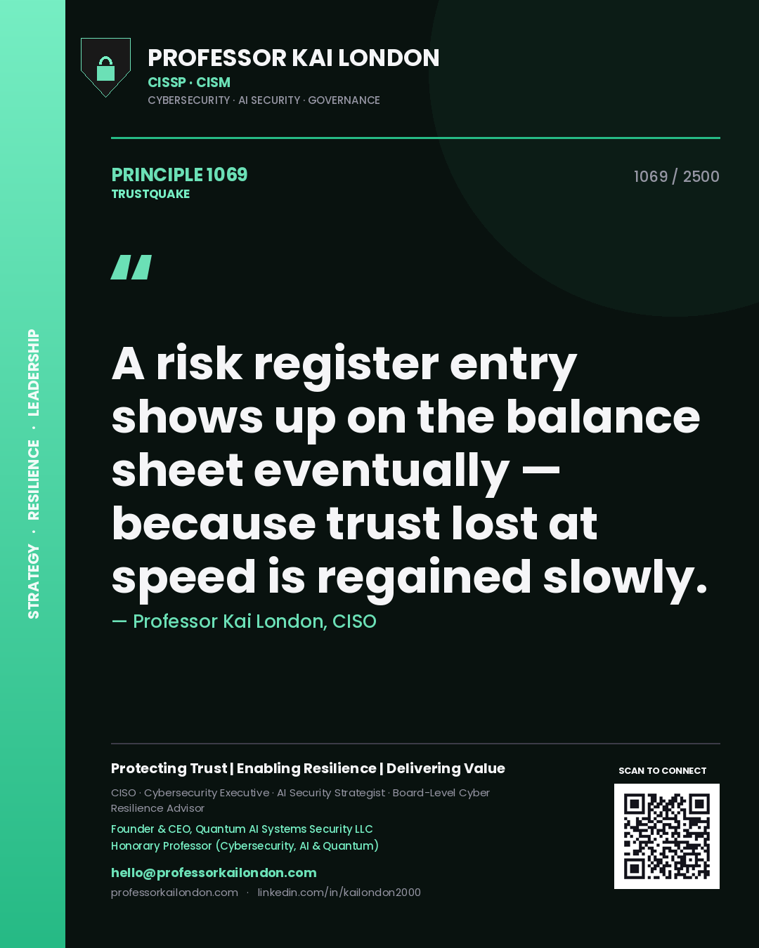 Quote card by Professor Kai London reading 'A risk register entry shows up on the balance sheet eventually — because trust lost at speed is regained slowly.'. From the book Trustquake.