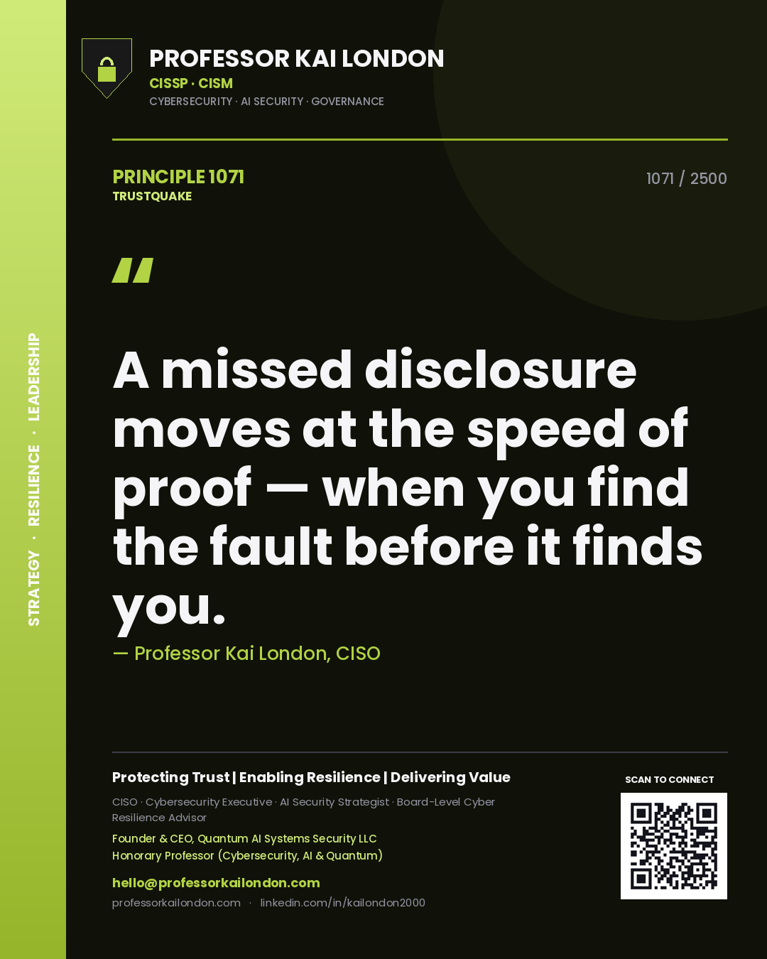 Quote card by Professor Kai London reading 'A missed disclosure moves at the speed of proof — when you find the fault before it finds you.'. From the book Trustquake.