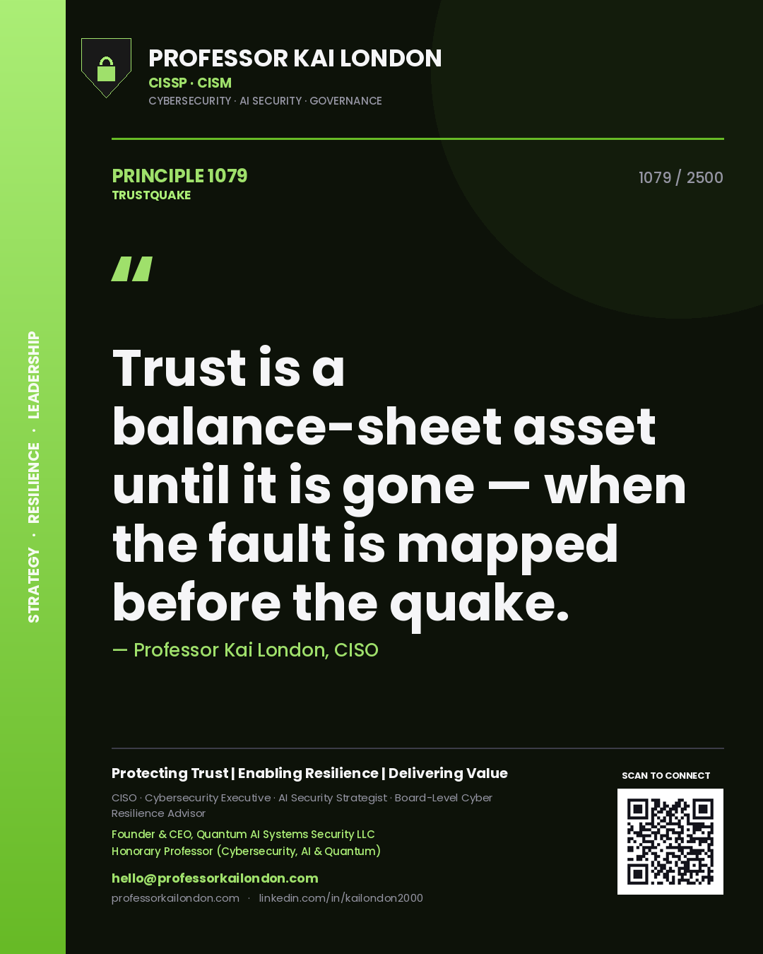 Quote card by Professor Kai London reading 'Trust is a balance-sheet asset until it is gone — when the fault is mapped before the quake.'. From the book Trustquake.