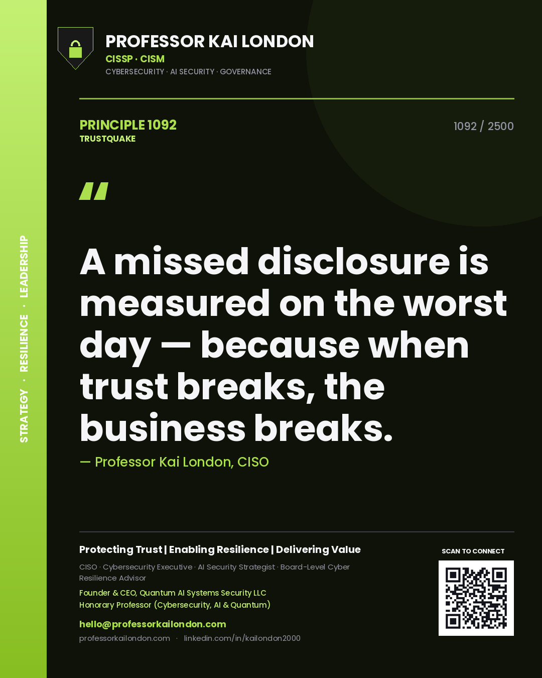 Quote card by Professor Kai London reading 'A missed disclosure is measured on the worst day — because when trust breaks, the business breaks.'. From the book Trustquake.