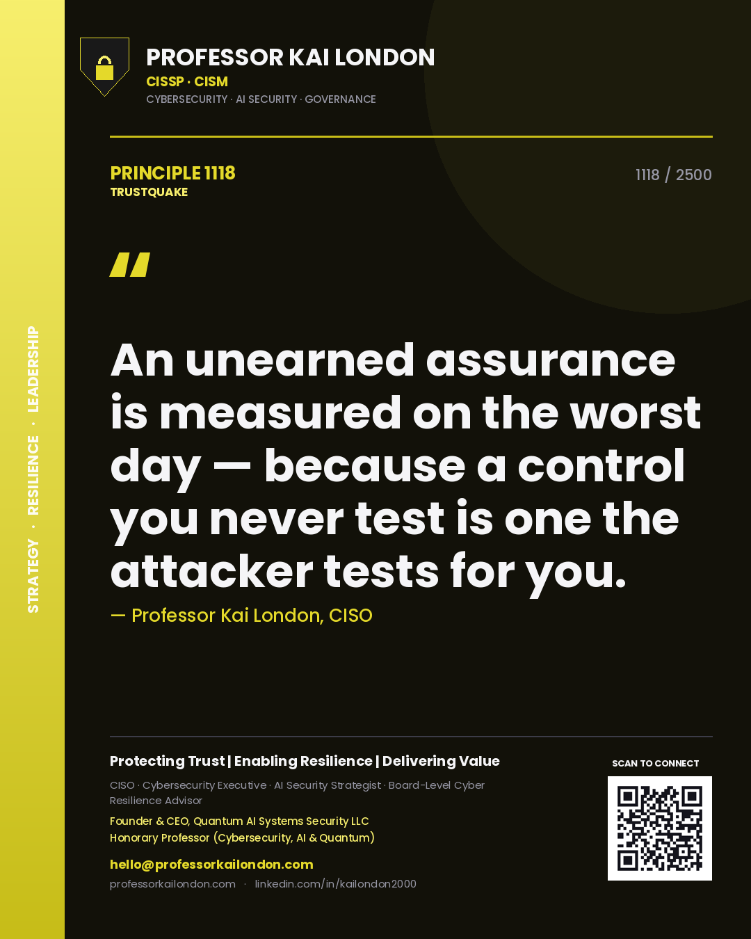 Quote card by Professor Kai London reading 'An unearned assurance is measured on the worst day — because a control you never test is one the attacker tests for you.'. From the book Trustquake.