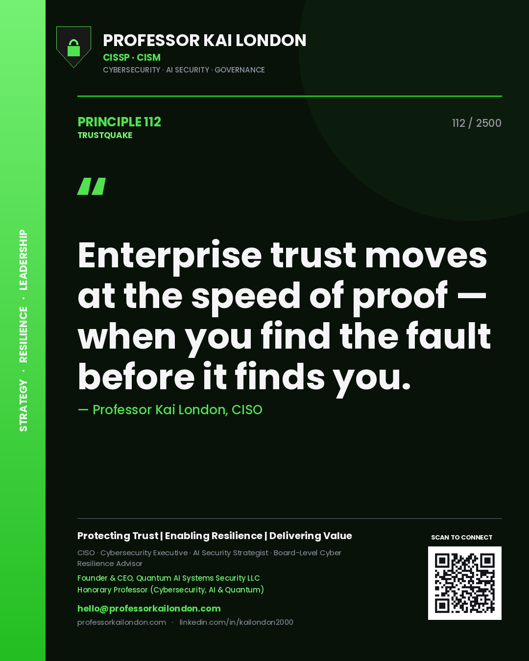 Quote card by Professor Kai London reading 'Enterprise trust moves at the speed of proof — when you find the fault before it finds you.'. From the book Trustquake.