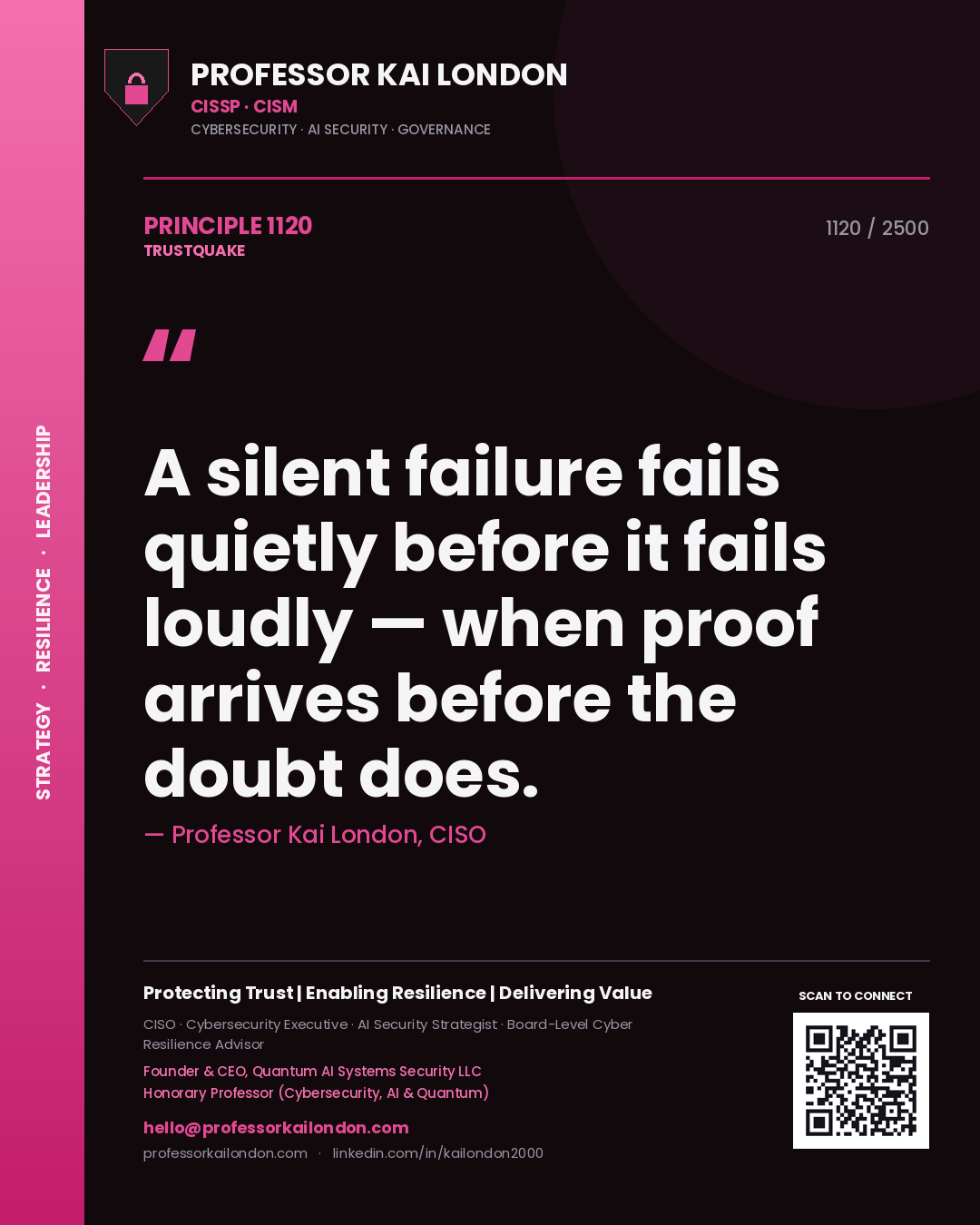 Quote card by Professor Kai London reading 'A silent failure fails quietly before it fails loudly — when proof arrives before the doubt does.'. From the book Trustquake.