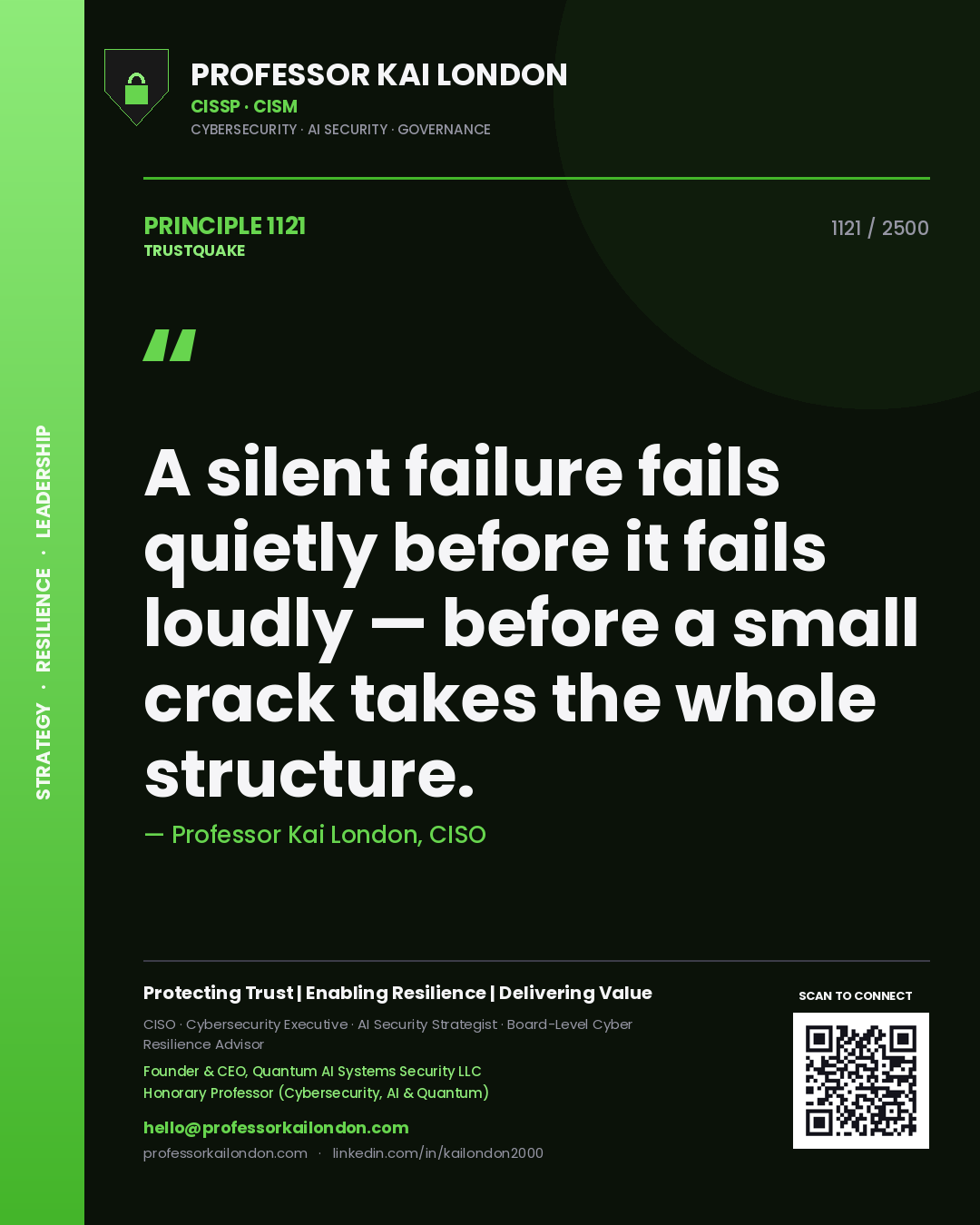 Quote card by Professor Kai London reading 'A silent failure fails quietly before it fails loudly — before a small crack takes the whole structure.'. From the book Trustquake.