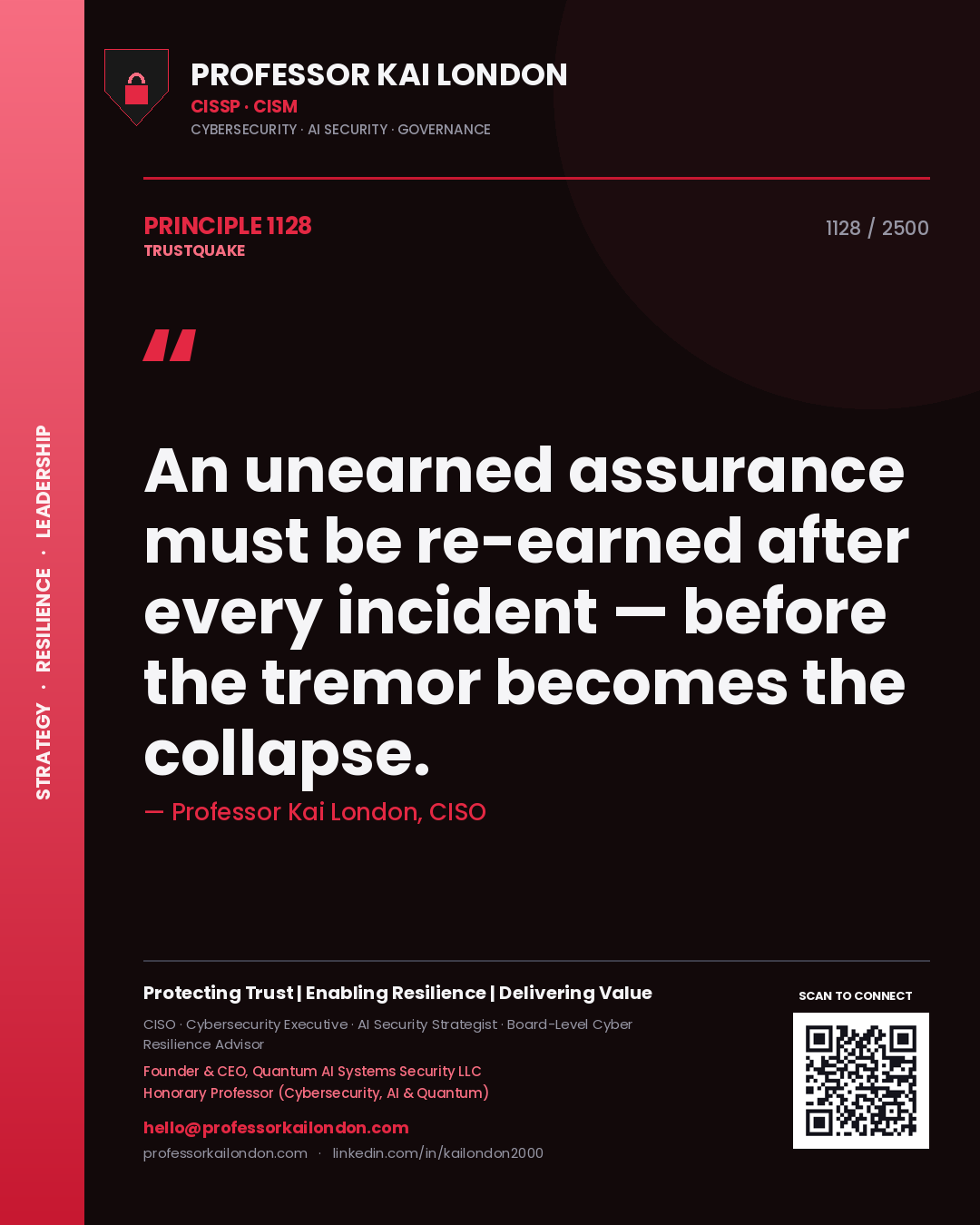 Quote card by Professor Kai London reading 'An unearned assurance must be re-earned after every incident — before the tremor becomes the collapse.'. From the book Trustquake.