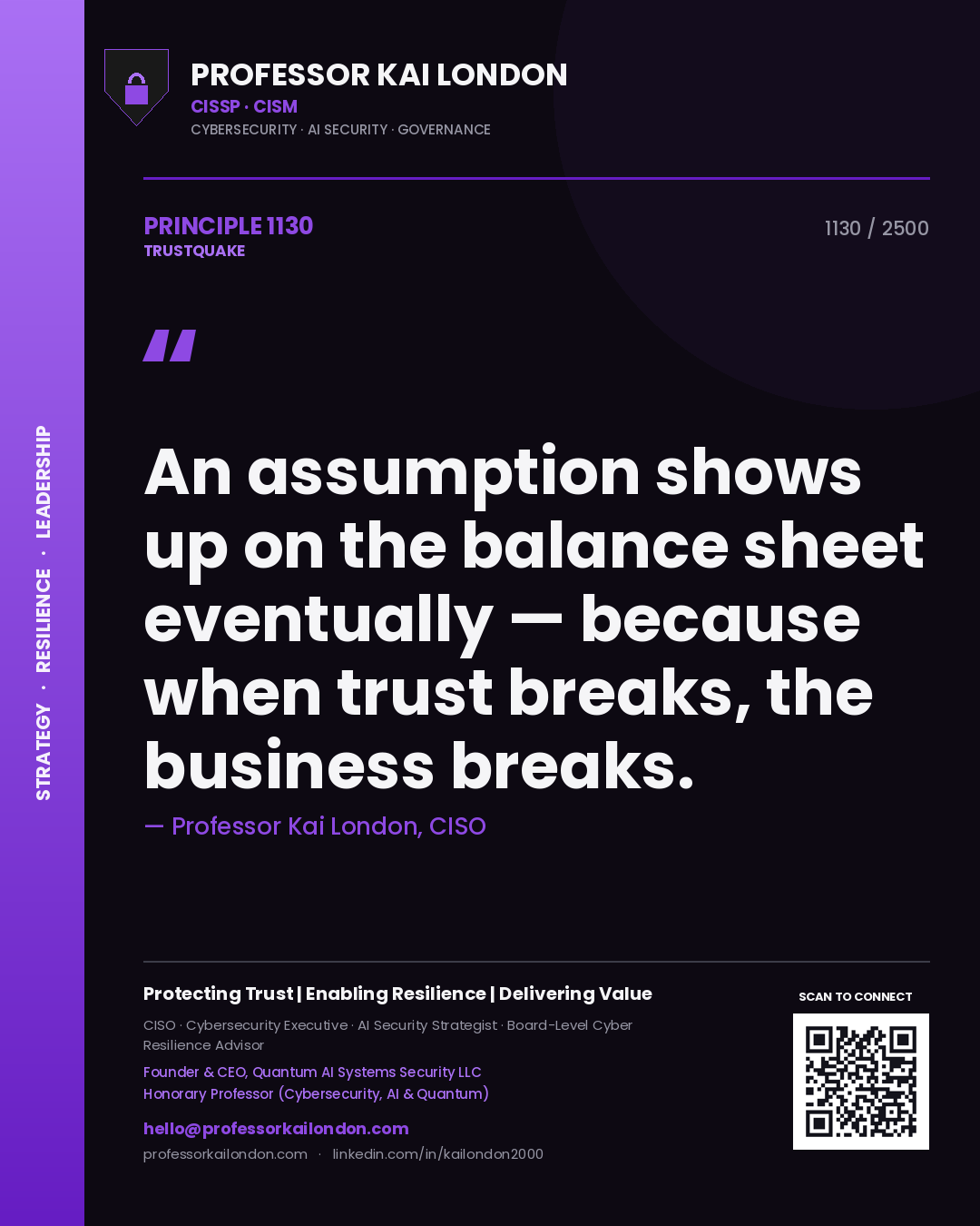 Quote card by Professor Kai London reading 'An assumption shows up on the balance sheet eventually — because when trust breaks, the business breaks.'. From the book Trustquake.