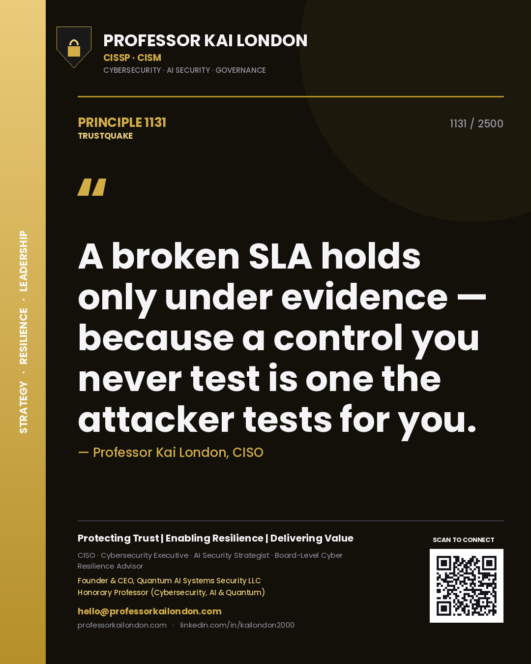 Quote card by Professor Kai London reading 'A broken SLA holds only under evidence — because a control you never test is one the attacker tests for you.'. From the book Trustquake.