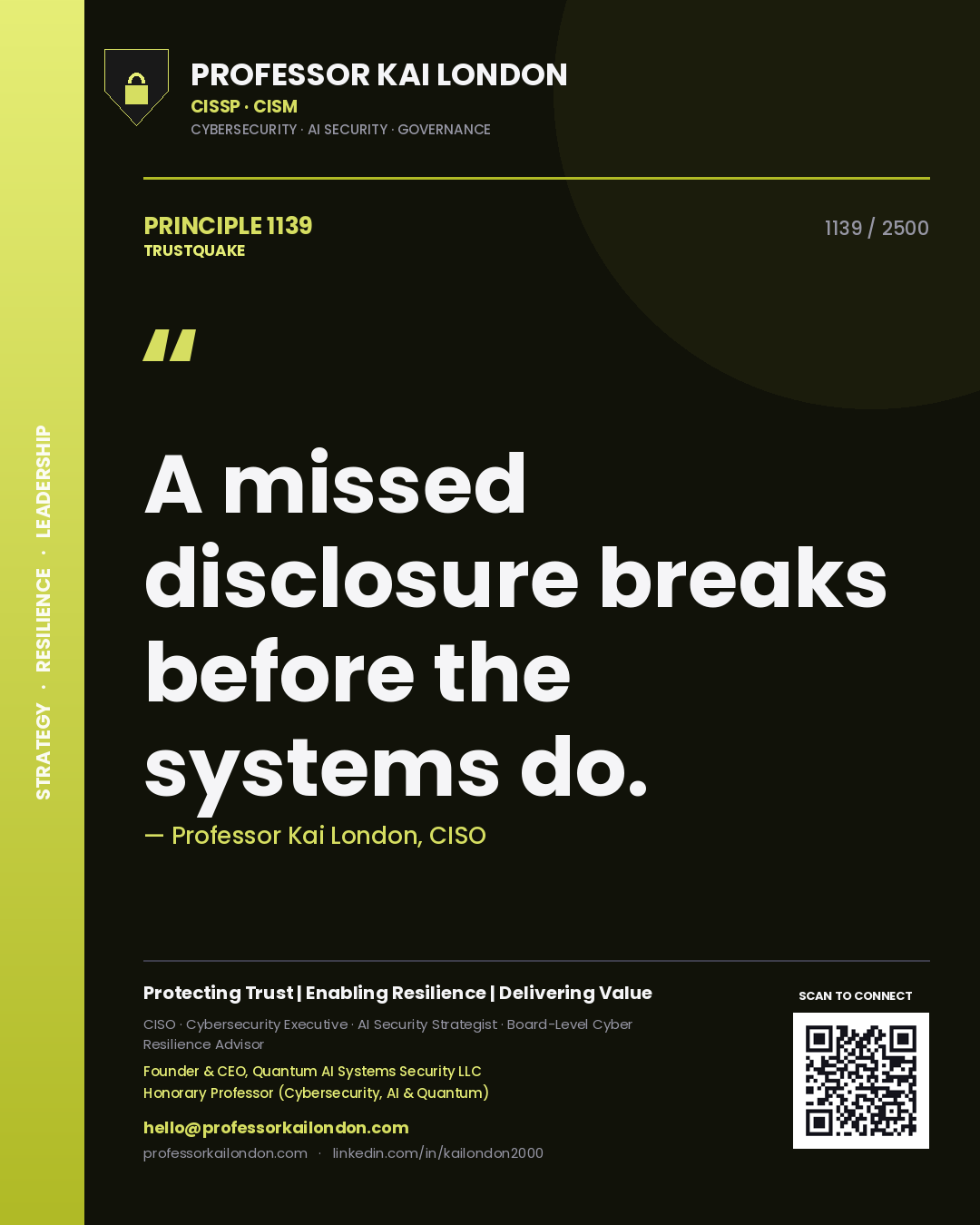 Quote card by Professor Kai London reading 'A missed disclosure breaks before the systems do.'. From the book Trustquake.
