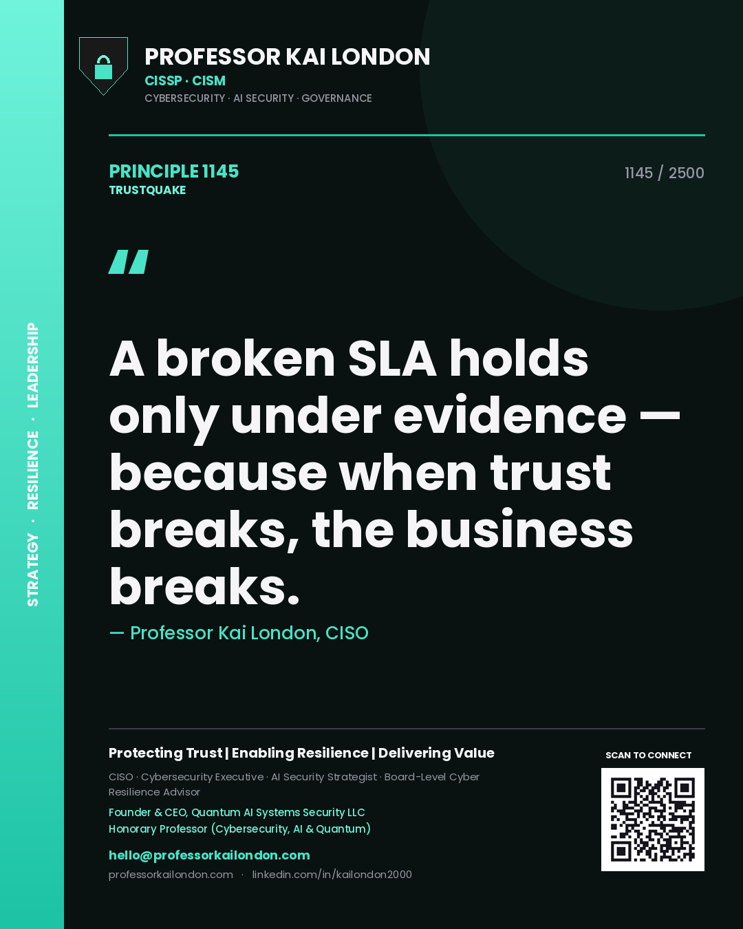 Quote card by Professor Kai London reading 'A broken SLA holds only under evidence — because when trust breaks, the business breaks.'. From the book Trustquake.