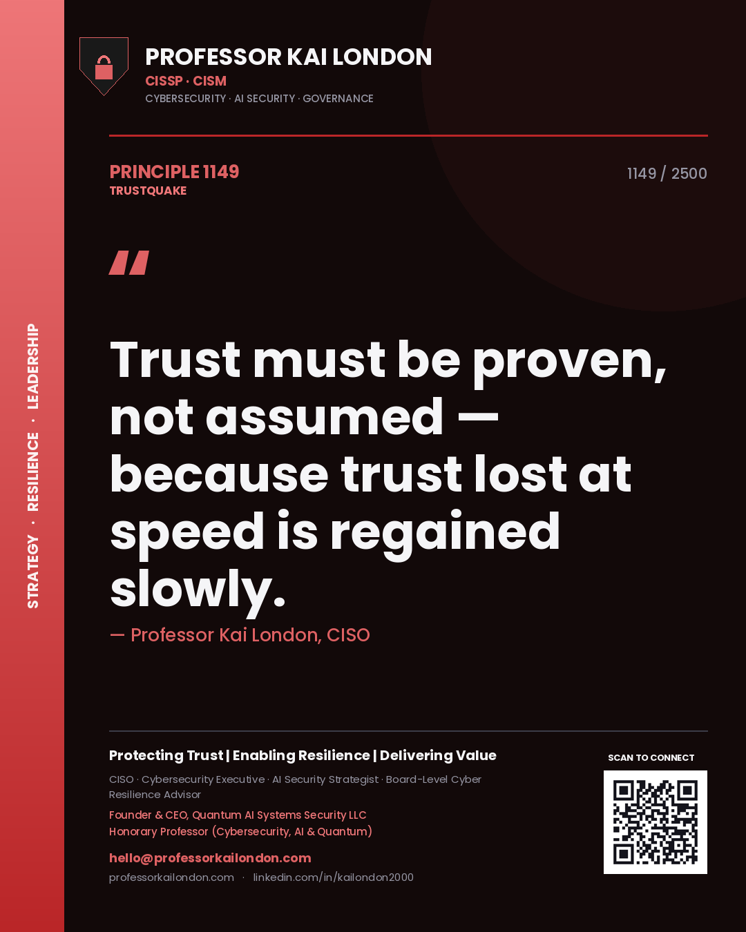 Quote card by Professor Kai London reading 'Trust must be proven, not assumed — because trust lost at speed is regained slowly.'. From the book Trustquake.