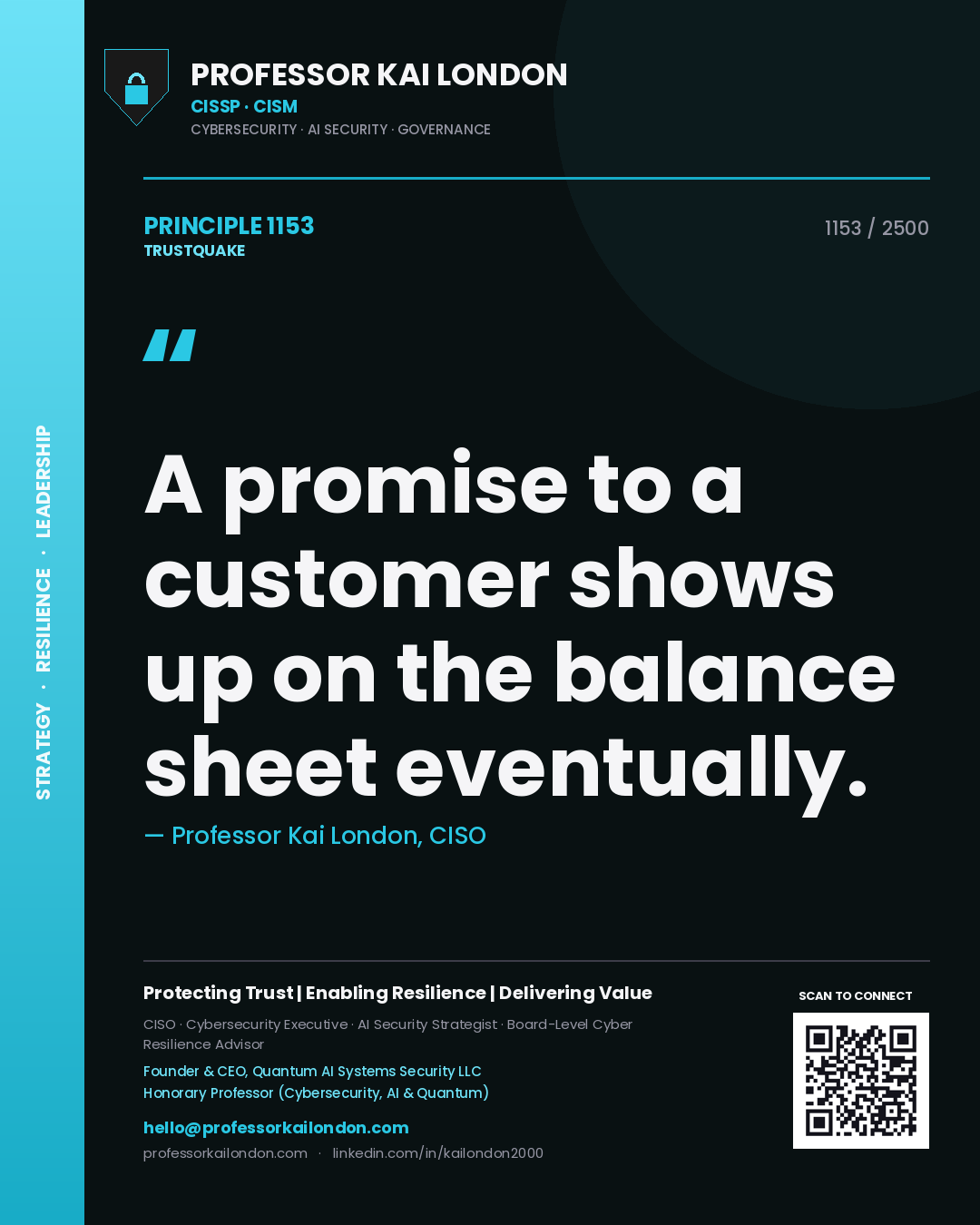 Quote card by Professor Kai London reading 'A promise to a customer shows up on the balance sheet eventually.'. From the book Trustquake.