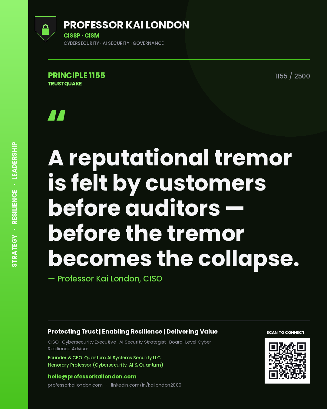 Quote card by Professor Kai London reading 'A reputational tremor is felt by customers before auditors — before the tremor becomes the collapse.'. From the book Trustquake.