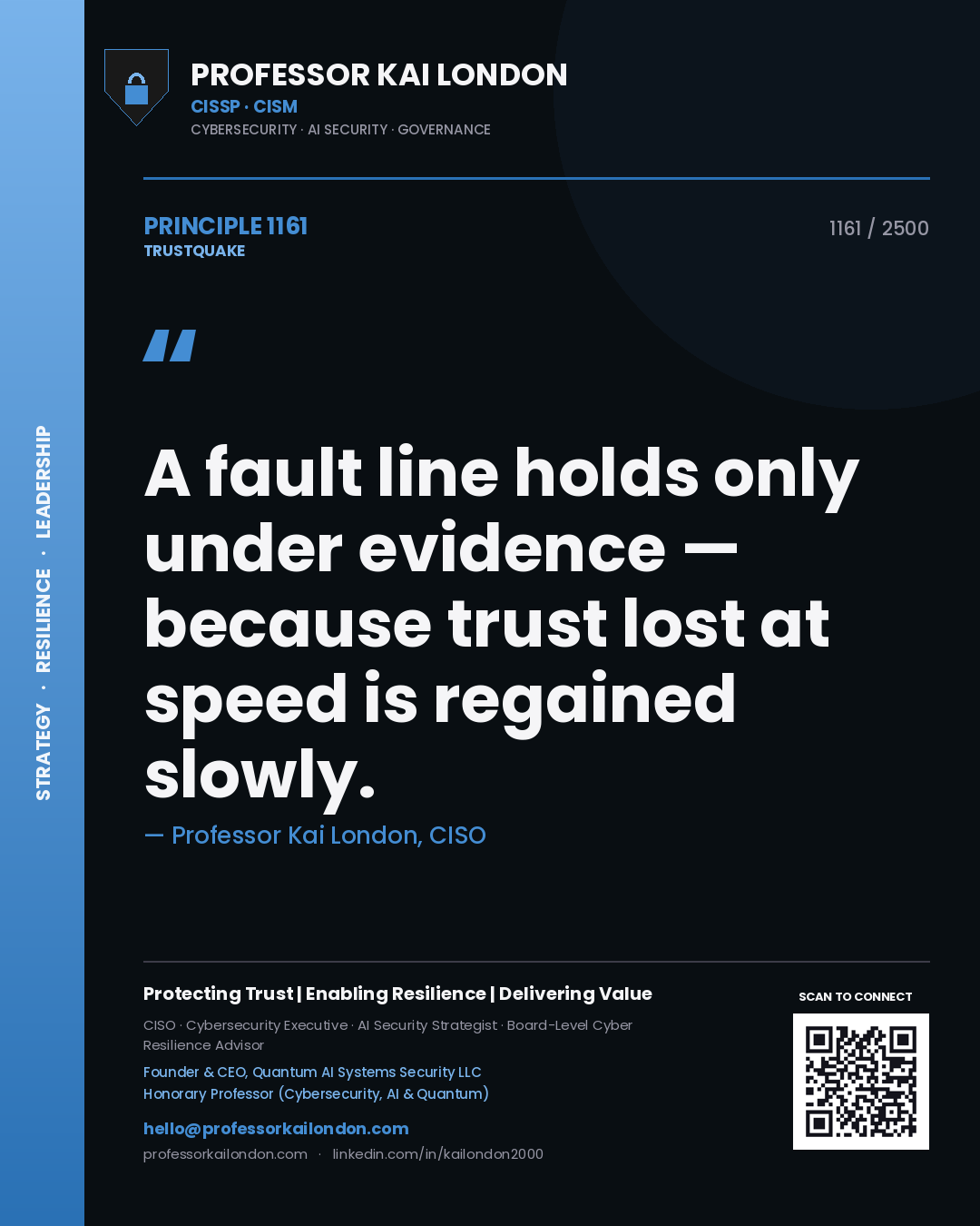 Quote card by Professor Kai London reading 'A fault line holds only under evidence — because trust lost at speed is regained slowly.'. From the book Trustquake.