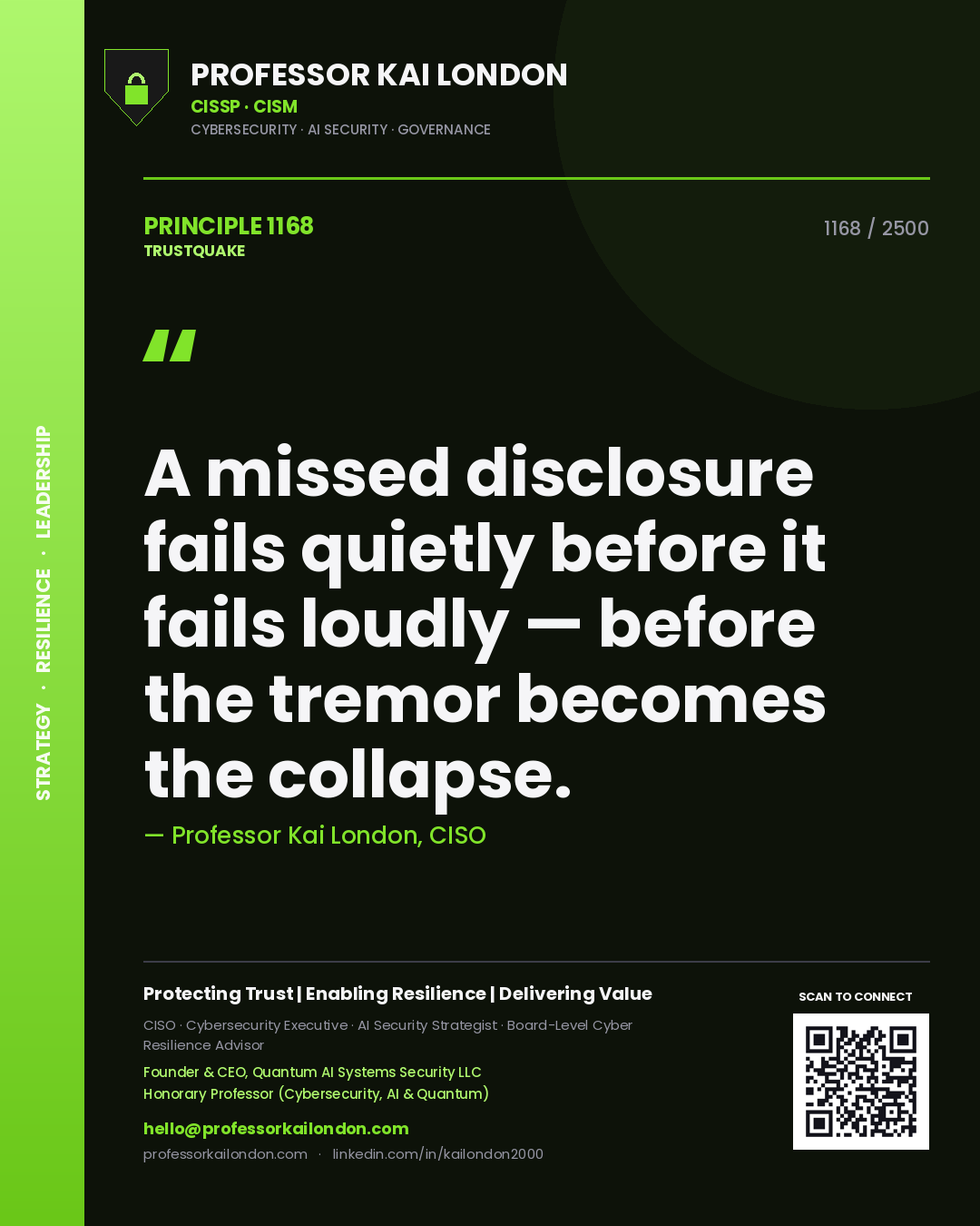 Quote card by Professor Kai London reading 'A missed disclosure fails quietly before it fails loudly — before the tremor becomes the collapse.'. From the book Trustquake.