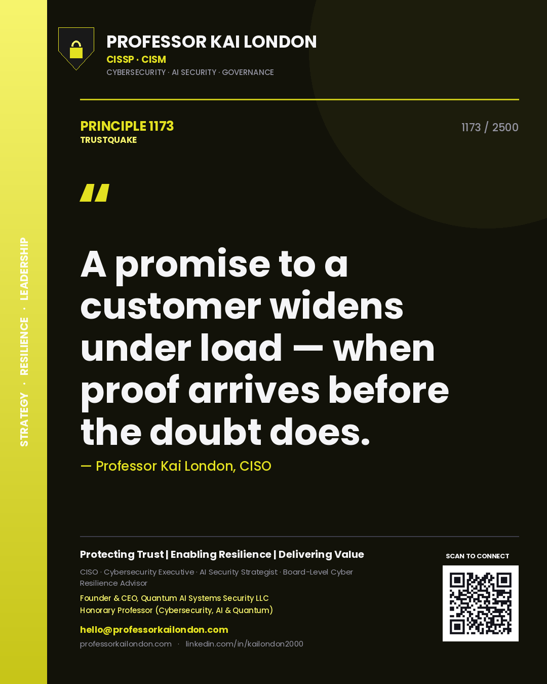 Quote card by Professor Kai London reading 'A promise to a customer widens under load — when proof arrives before the doubt does.'. From the book Trustquake.
