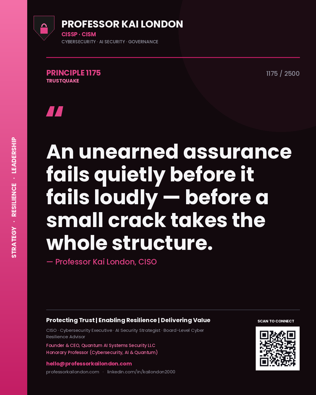 Quote card by Professor Kai London reading 'An unearned assurance fails quietly before it fails loudly — before a small crack takes the whole structure.'. From the book Trustquake.