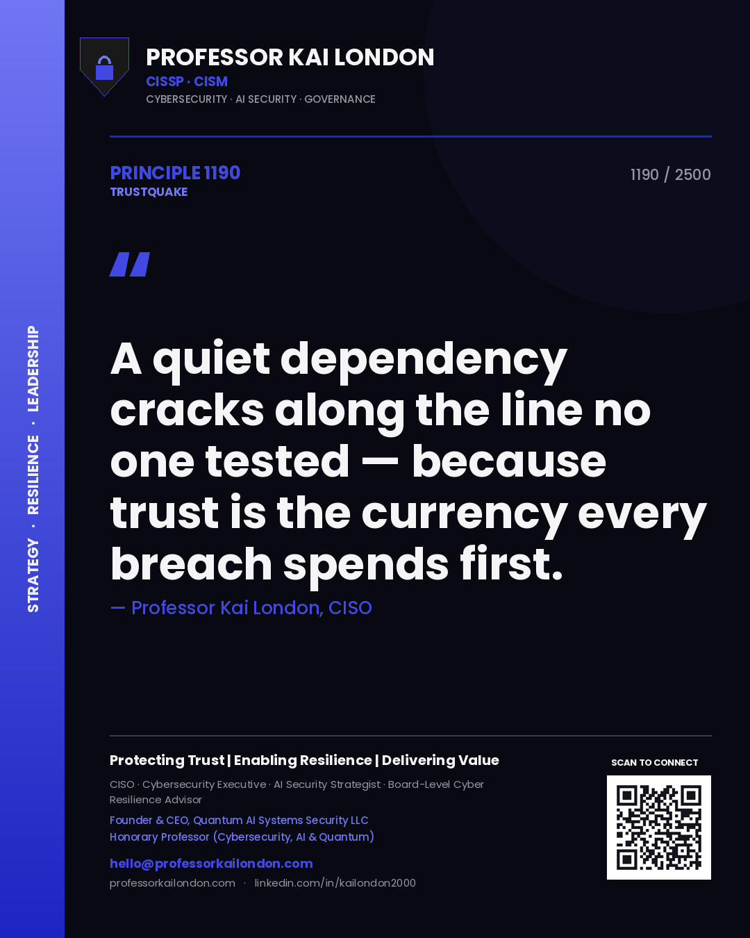 Professor Kai London principle 1190: A quiet dependency cracks along the line no one tested — because trust is the currency every breach spends first.
