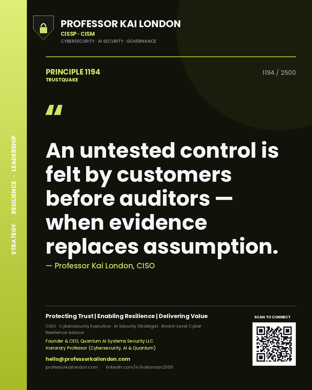 Quote card by Professor Kai London reading 'An untested control is felt by customers before auditors — when evidence replaces assumption.'. From the book Trustquake.