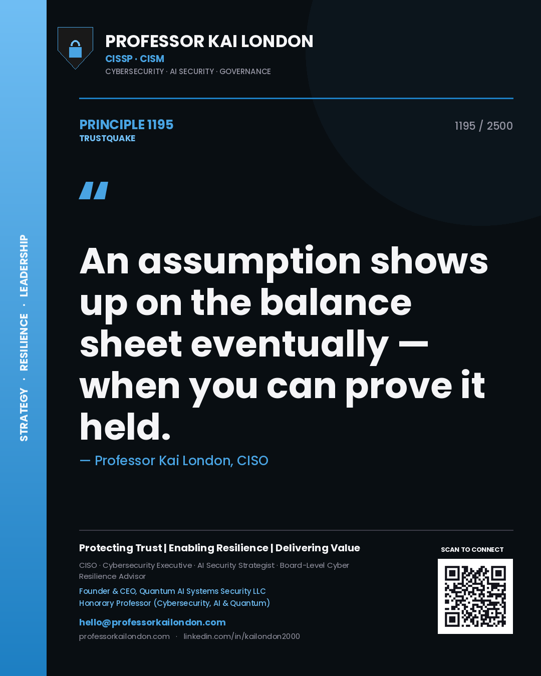 Quote card by Professor Kai London reading 'An assumption shows up on the balance sheet eventually — when you can prove it held.'. From the book Trustquake.