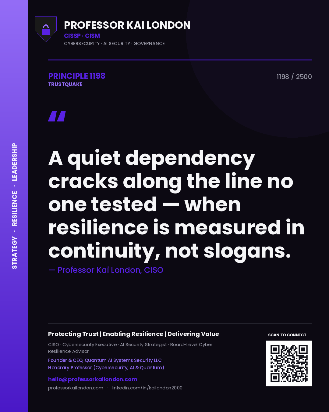 Quote card by Professor Kai London reading 'A quiet dependency cracks along the line no one tested — when resilience is measured in continuity, not slogans.'. From the book Trustquake.
