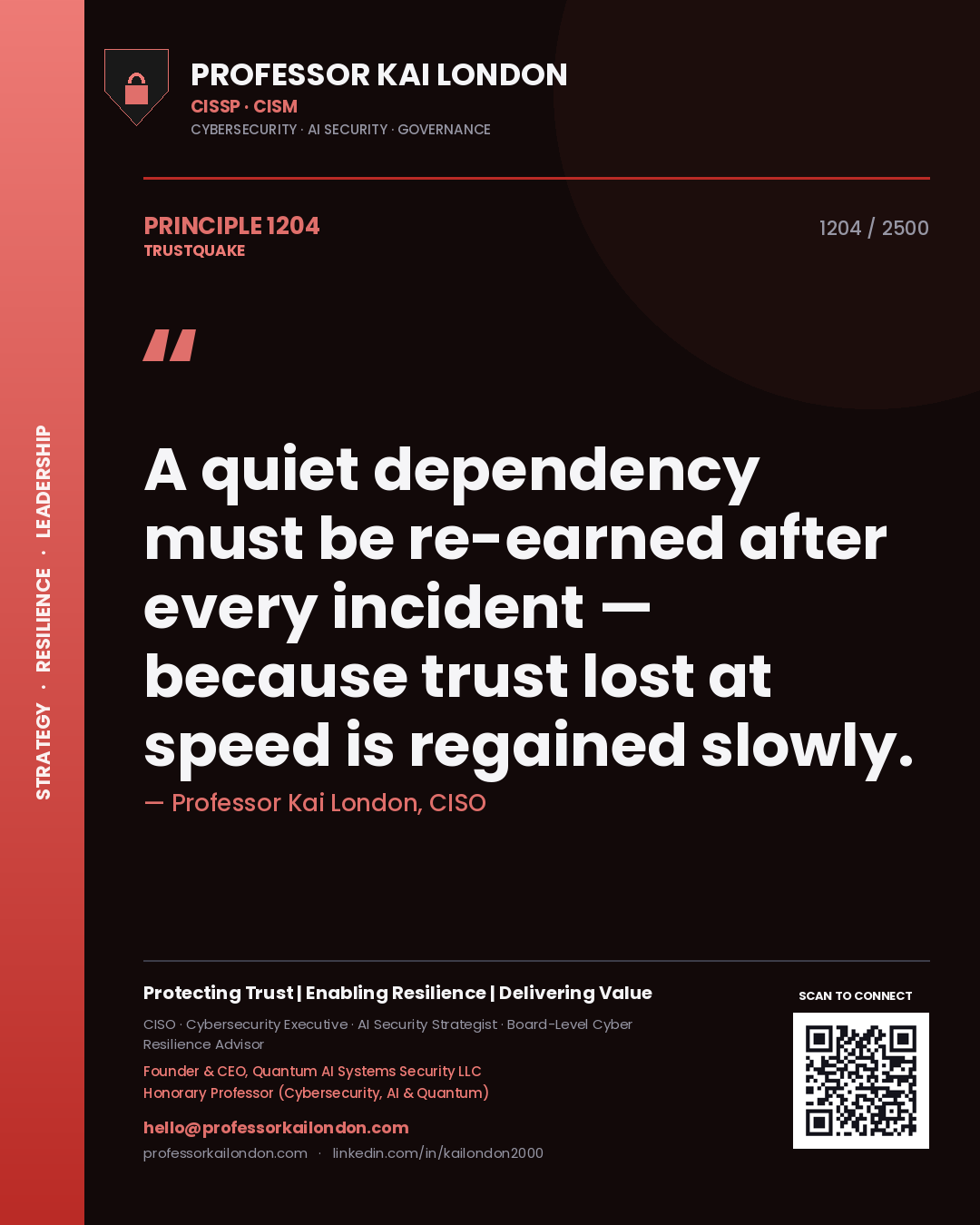 Professor Kai London principle 1204: A quiet dependency must be re-earned after every incident — because trust lost at speed is regained slowly.