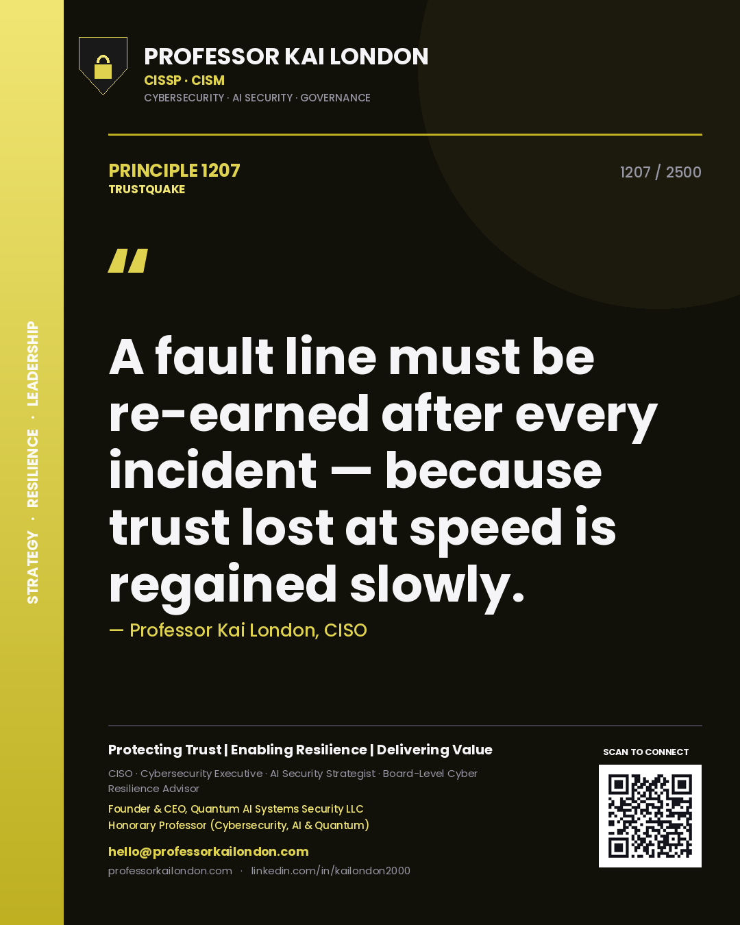 Quote card by Professor Kai London reading 'A fault line must be re-earned after every incident — because trust lost at speed is regained slowly.'. From the book Trustquake.