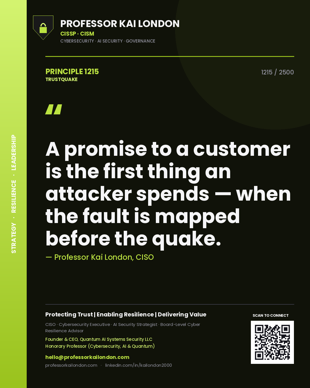 Professor Kai London principle 1215: A promise to a customer is the first thing an attacker spends — when the fault is mapped before the quake.