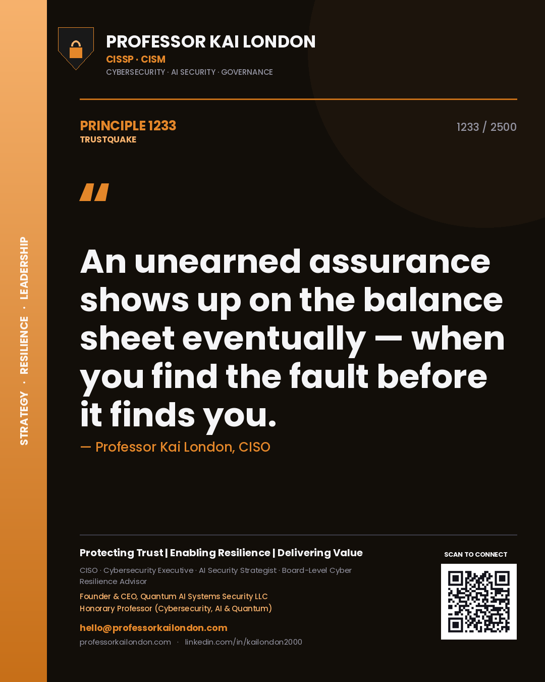 Professor Kai London principle 1233: An unearned assurance shows up on the balance sheet eventually — when you find the fault before it finds you.