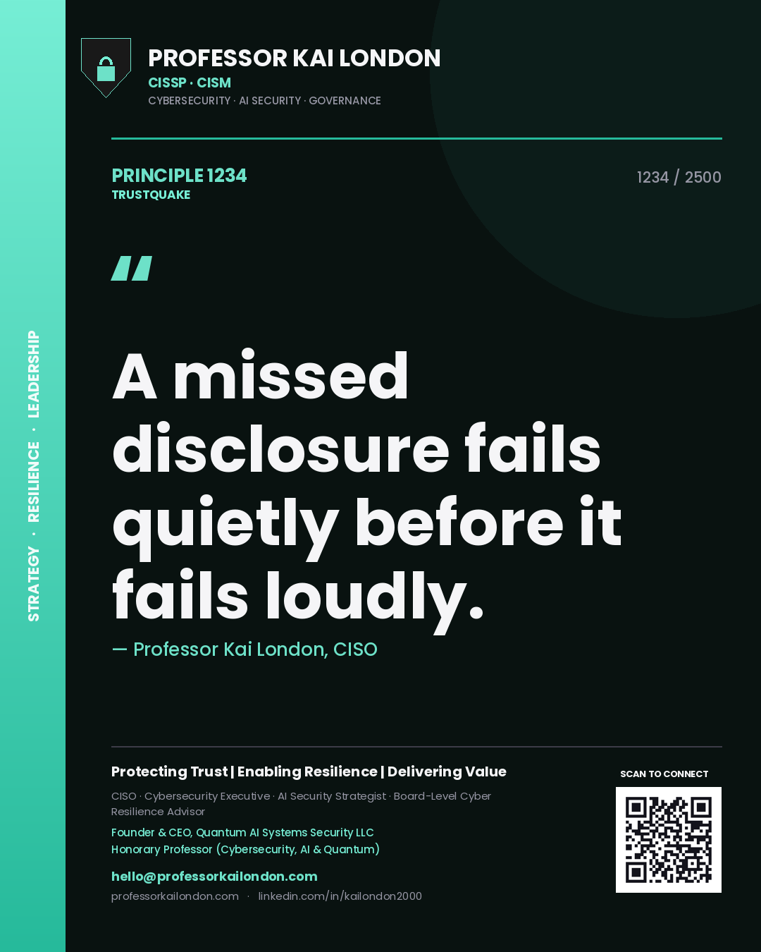 Quote card by Professor Kai London reading 'A missed disclosure fails quietly before it fails loudly.'. From the book Trustquake.