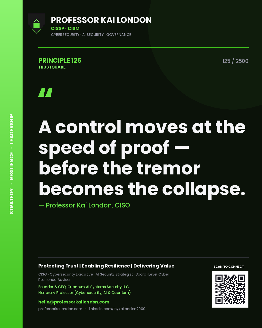 Professor Kai London principle 125: A control moves at the speed of proof — before the tremor becomes the collapse.