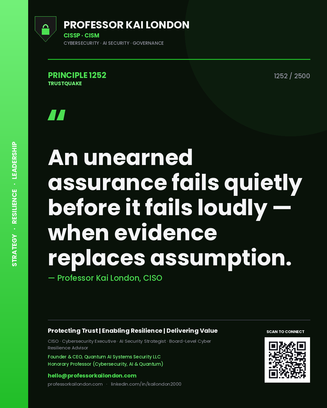 Quote card by Professor Kai London reading 'An unearned assurance fails quietly before it fails loudly — when evidence replaces assumption.'. From the book Trustquake.
