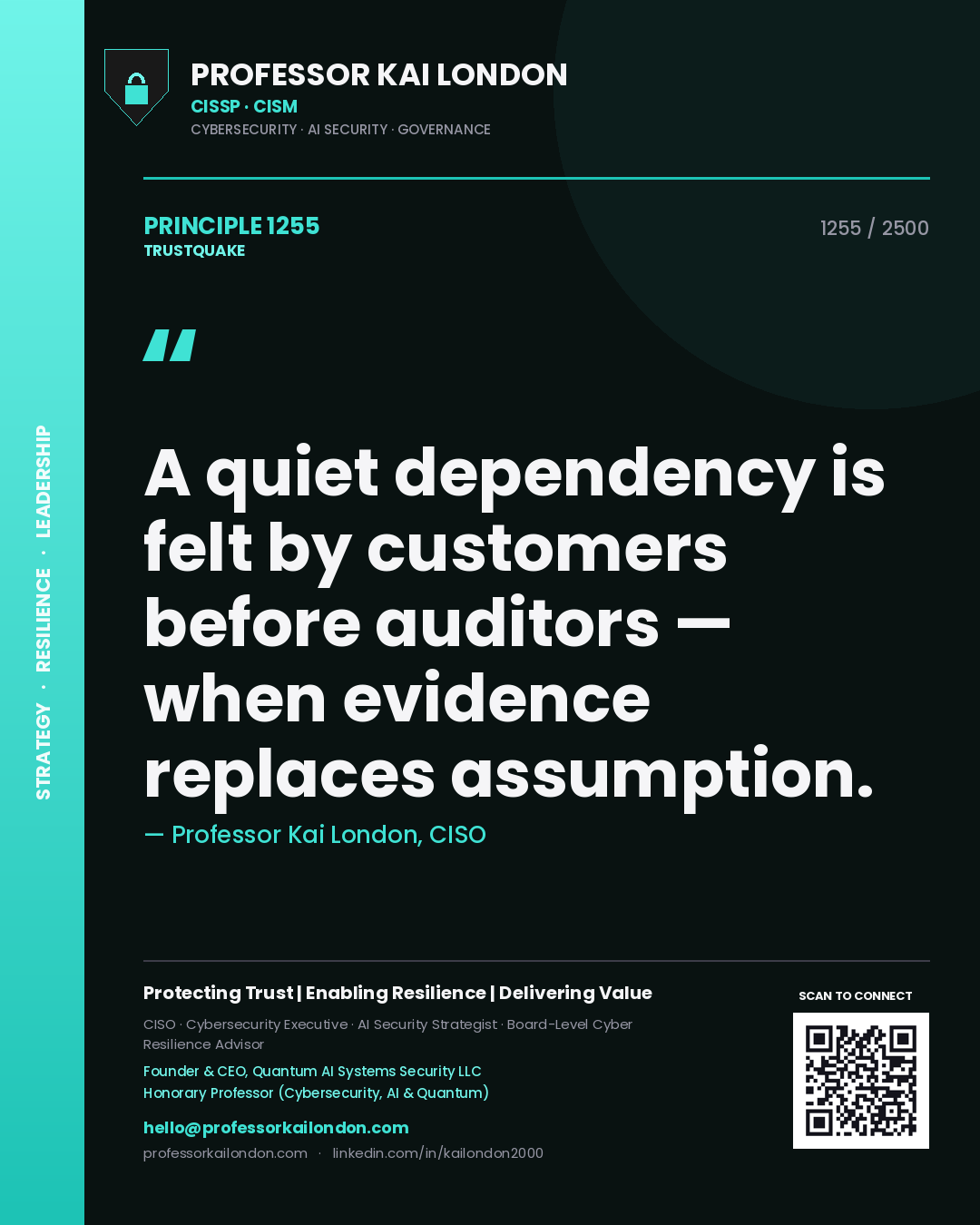 Quote card by Professor Kai London reading 'A quiet dependency is felt by customers before auditors — when evidence replaces assumption.'. From the book Trustquake.