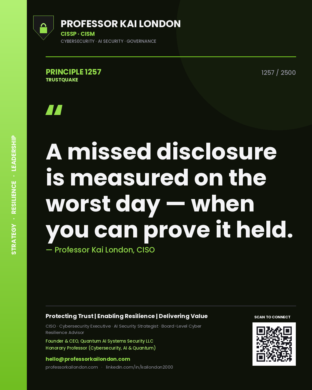 Quote card by Professor Kai London reading 'A missed disclosure is measured on the worst day — when you can prove it held.'. From the book Trustquake.