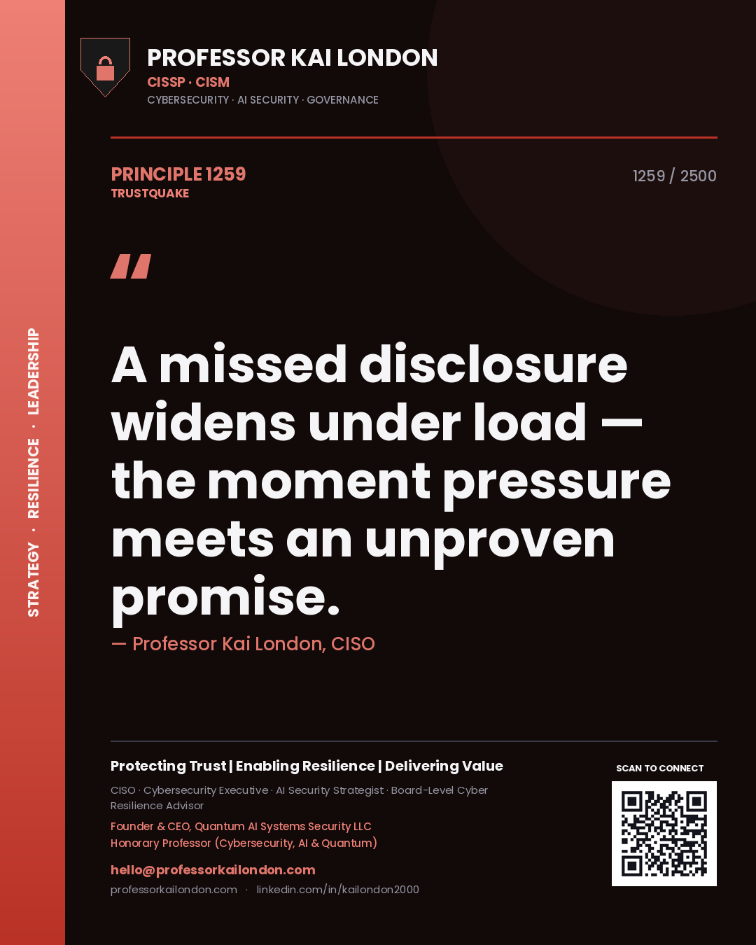 Professor Kai London principle 1259: A missed disclosure widens under load — the moment pressure meets an unproven promise.