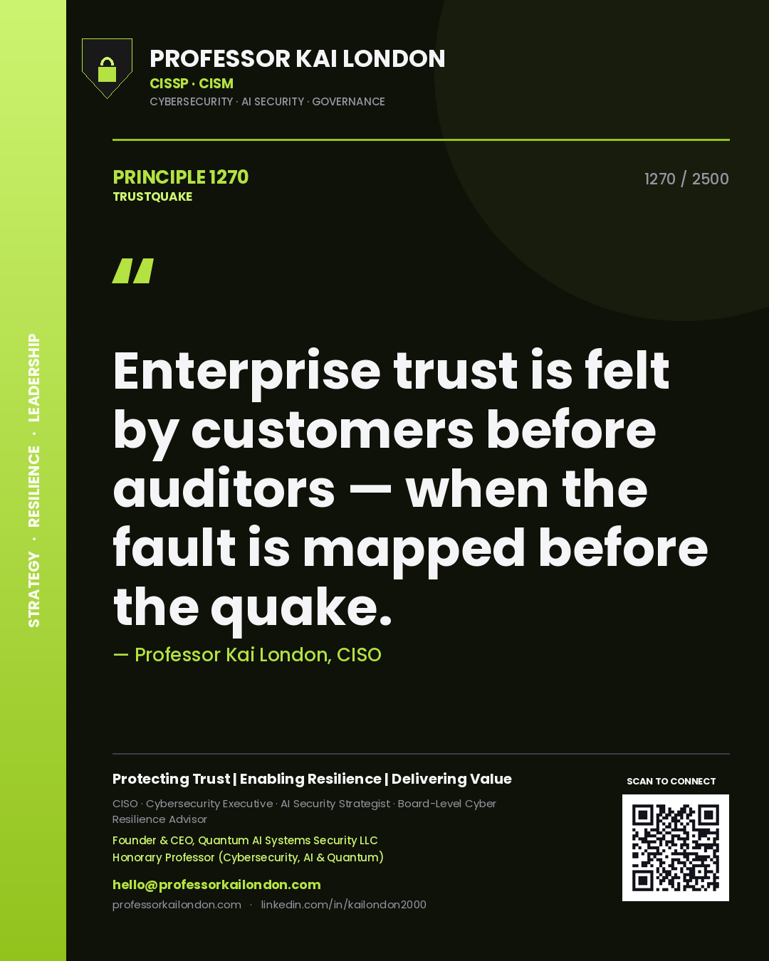 Quote card by Professor Kai London reading 'Enterprise trust is felt by customers before auditors — when the fault is mapped before the quake.'. From the book Trustquake.