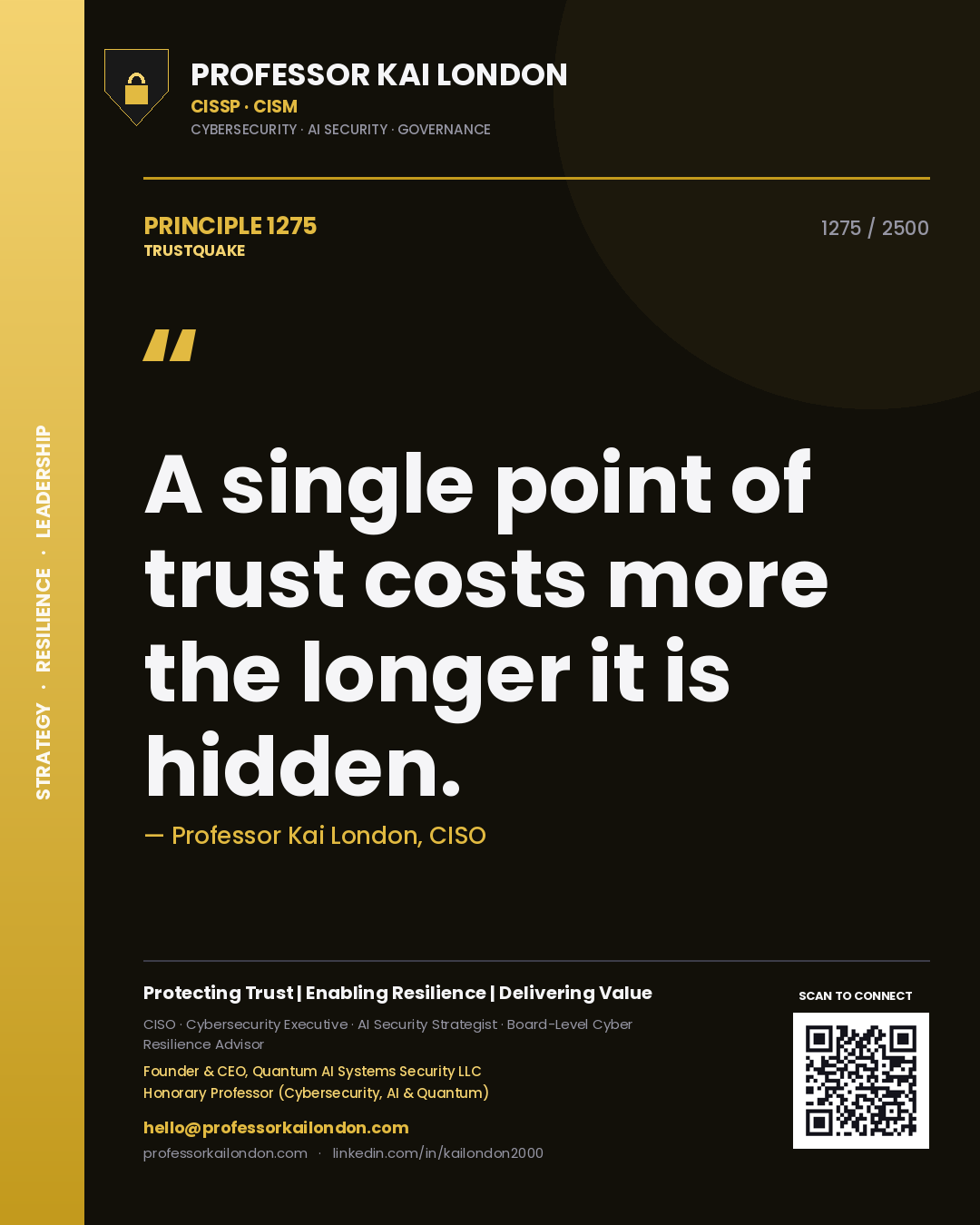 Quote card by Professor Kai London reading 'A single point of trust costs more the longer it is hidden.'. From the book Trustquake.