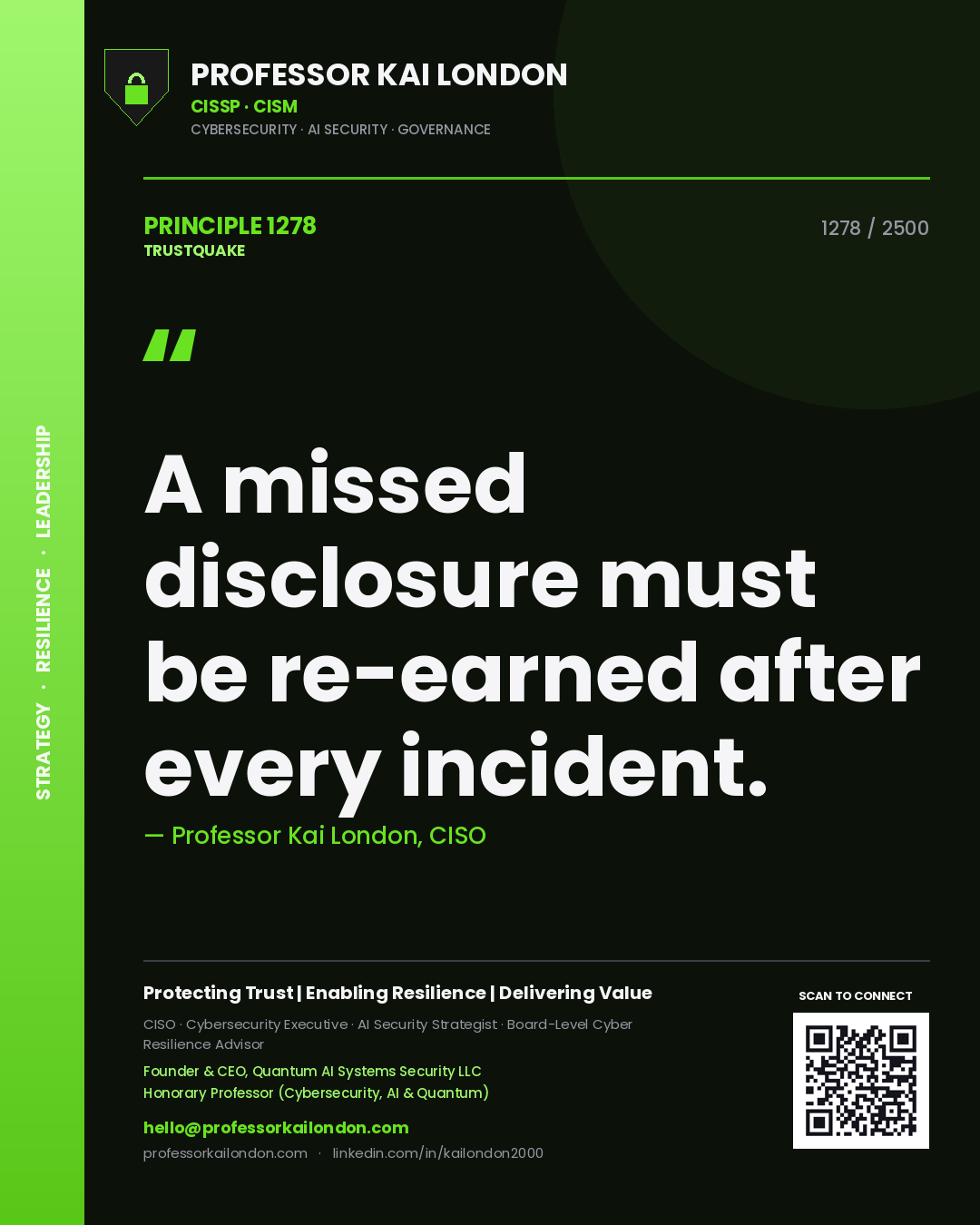 Quote card by Professor Kai London reading 'A missed disclosure must be re-earned after every incident.'. From the book Trustquake.