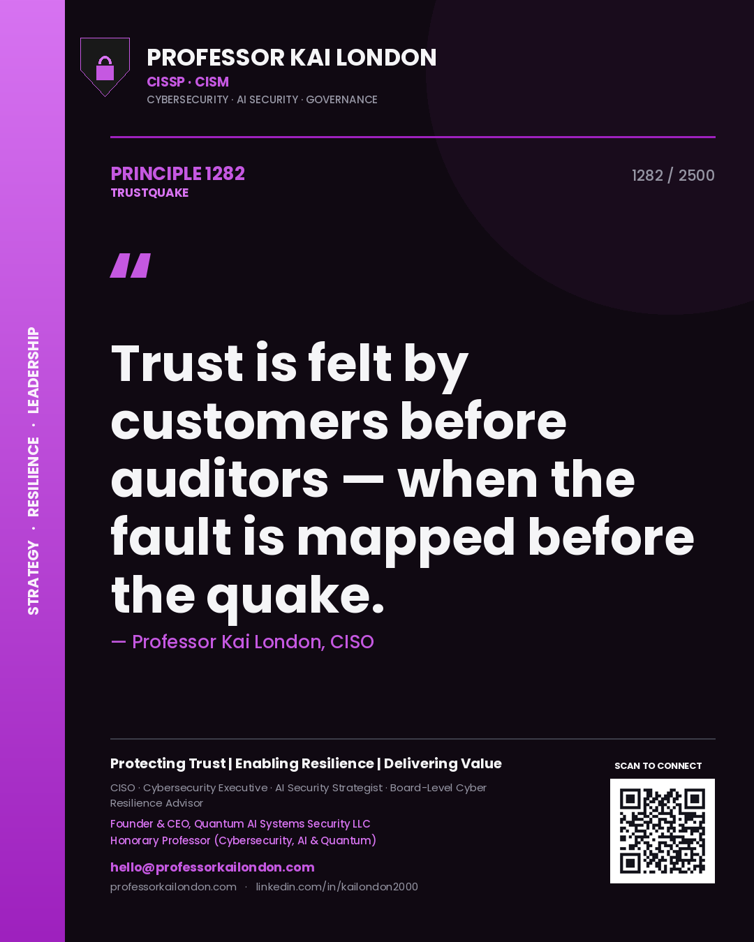 Quote card by Professor Kai London reading 'Trust is felt by customers before auditors — when the fault is mapped before the quake.'. From the book Trustquake.